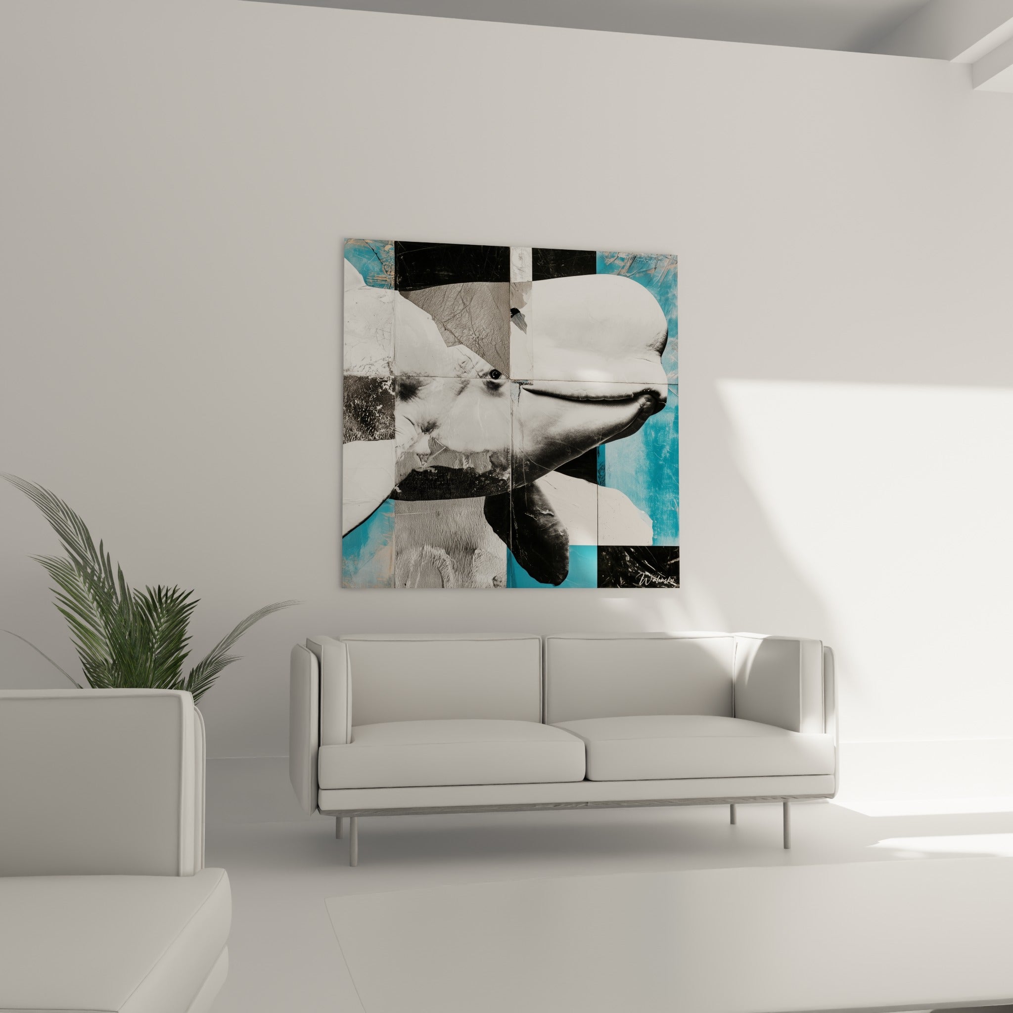 Tête de beluga noire et turquoise en fragments géométriques, au-dessus d'un canapé dans un salon lumineux