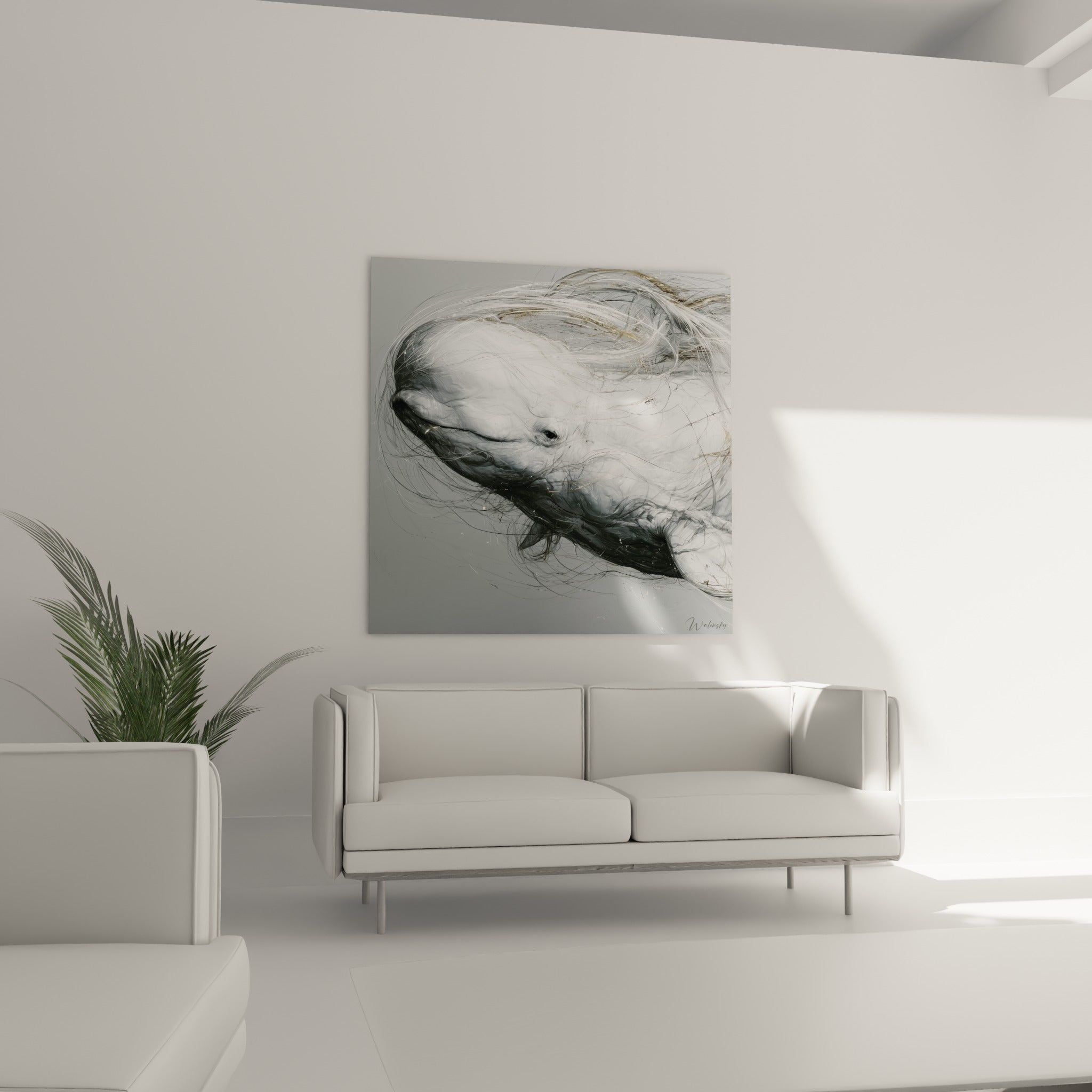 Beluga gris anthracite et blanc nacré tout en fluidité, au-dessus d'un canapé dans un salon lumineux