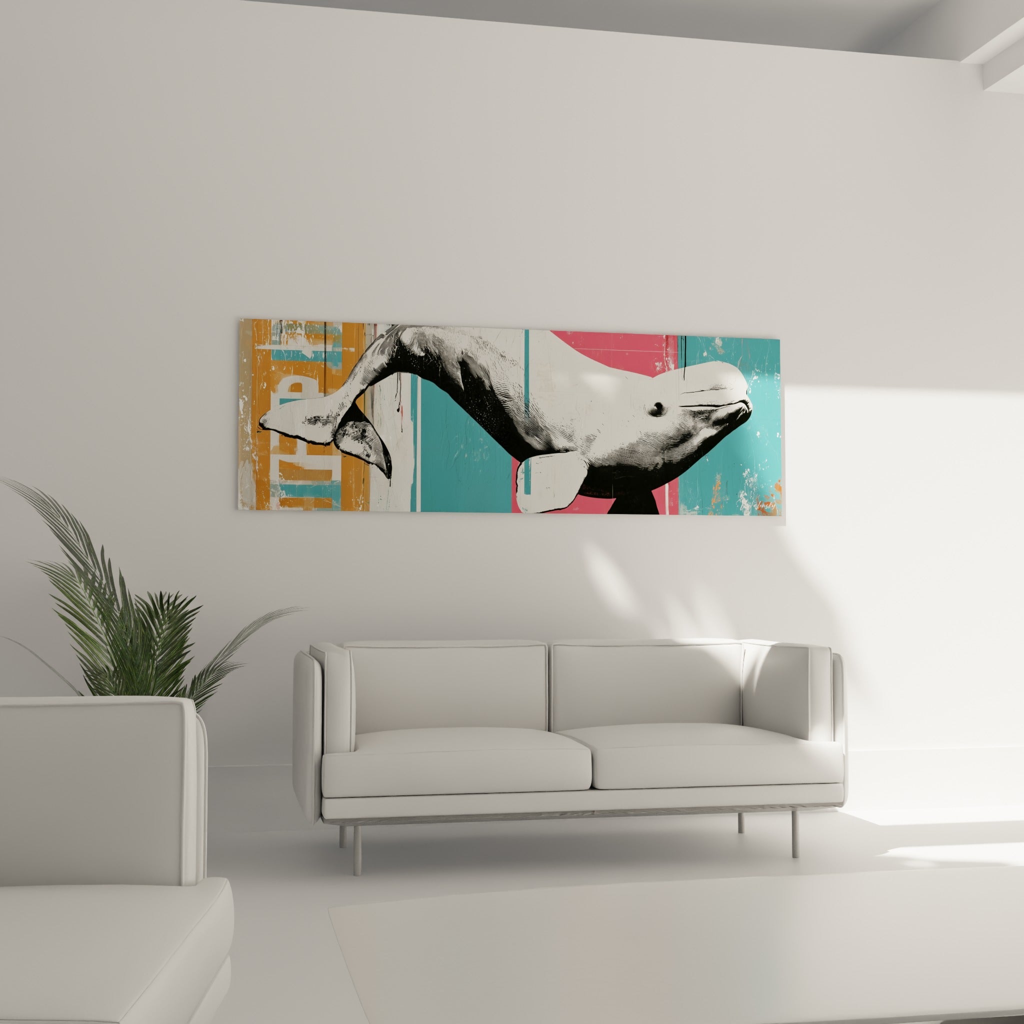 La silhouette graphique du cétacé en noir et blanc orne le mur au-dessus d'un canapé dans un salon lumineux