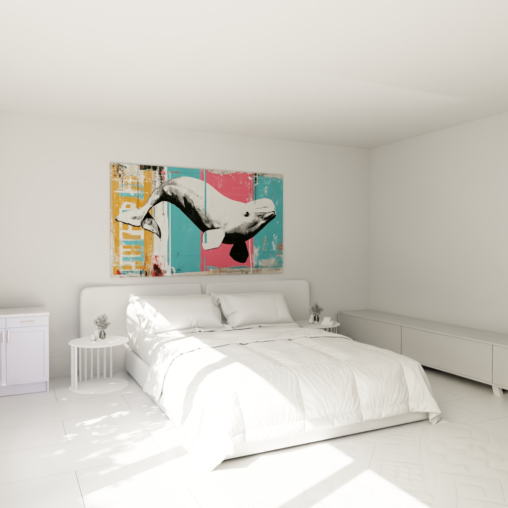 Silhouette de Beluga en gravure noire sur fond rose et sarcelle, accrochée au-dessus d'un lit dans une chambre claire
