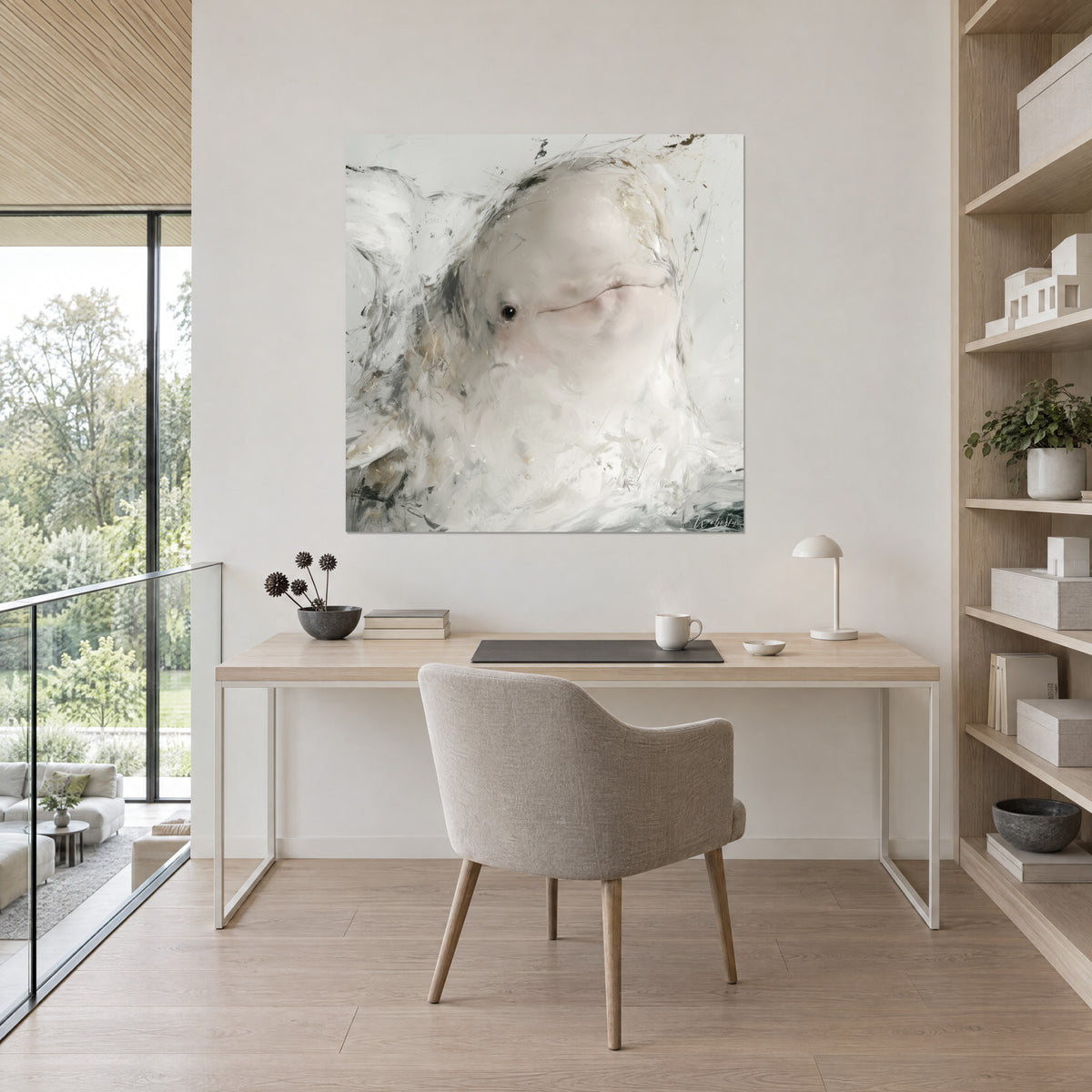 Schilderij beluga-kop in bleek wit, leisteengrijs en gouden reflecties, op een crèmekleurige muur boven een bureau van licht hout