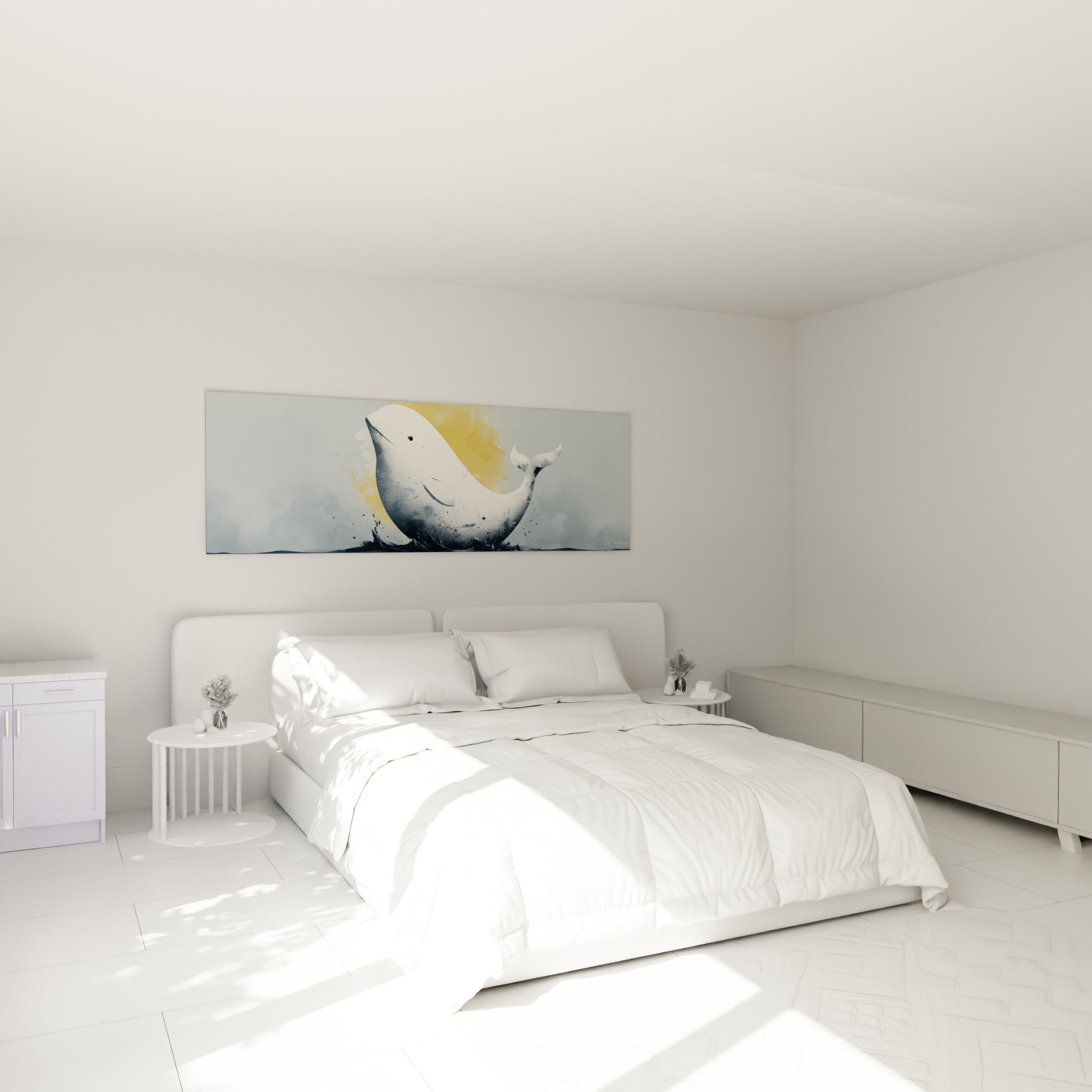 Silhouette de beluga blanc et halo ocre au-dessus d'un lit dans une chambre claire