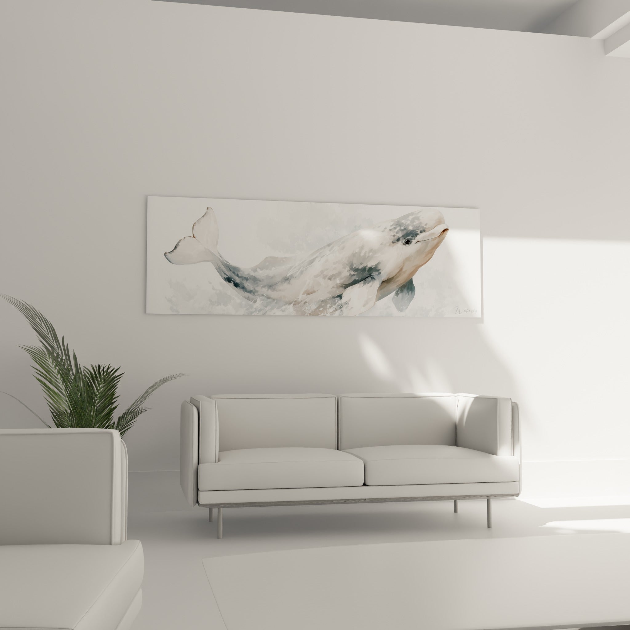 Nage ondulante d'un beluga blanc et gris bleuté, au-dessus d'un canapé dans un salon lumineux