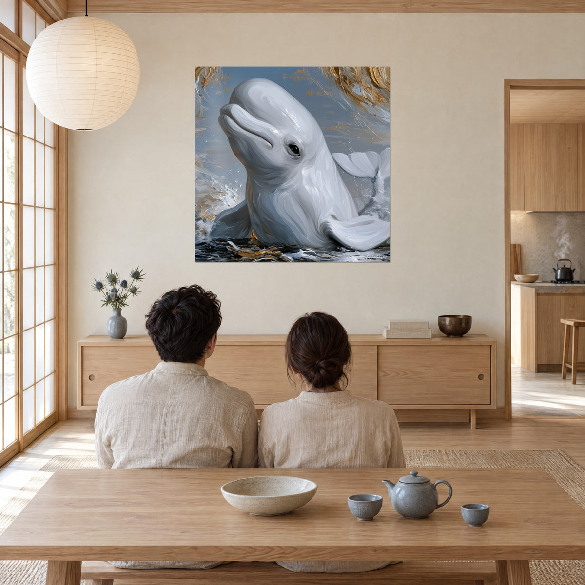 Tableau dauphin blanc surgissant des vagues, coups de pinceau gris perle et dorés, devant un couple de dos assis à table