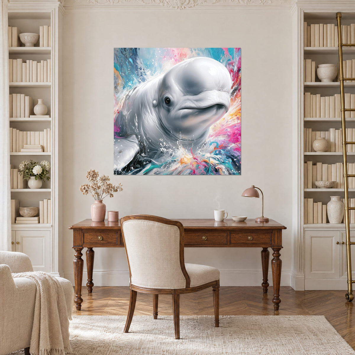 Quadro mammifero marino grigio perla che emerge dalle onde, bagliori rosa e blu, tra due librerie e una scrivania in legno