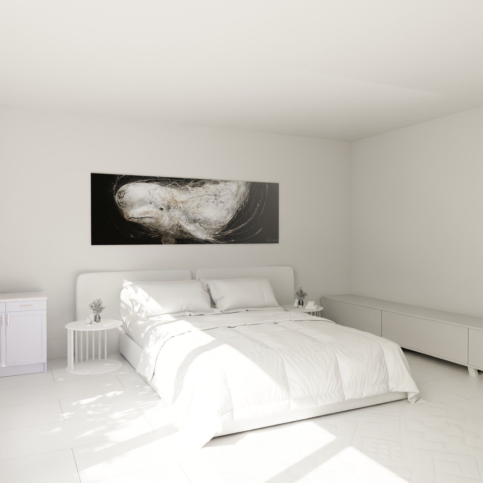 Silhouette de beluga blanche et grise, filaments dorés visibles, au-dessus d'un lit dans une chambre claire