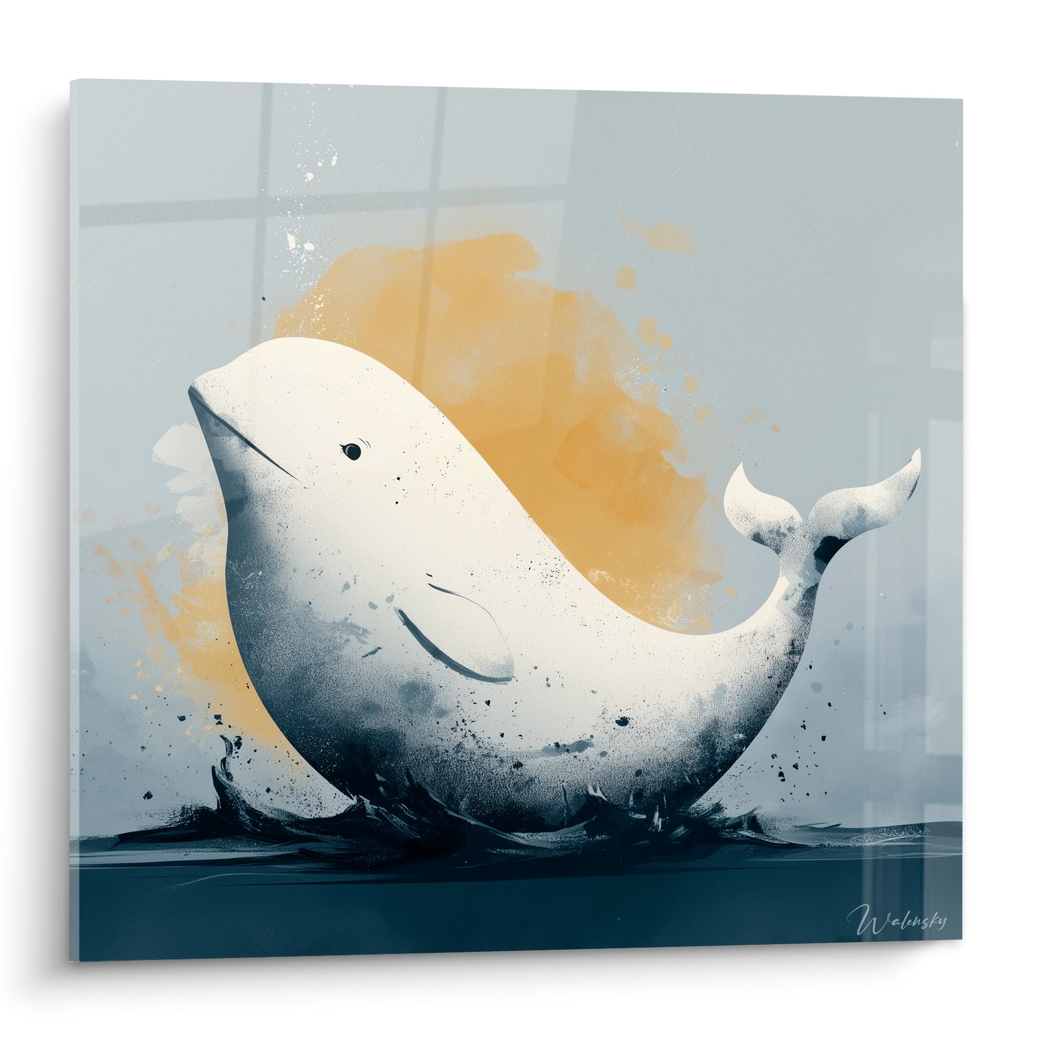 Beluga blanc crayeux cambré devant un halo ocre et jaune sur fond gris anthracite texturé