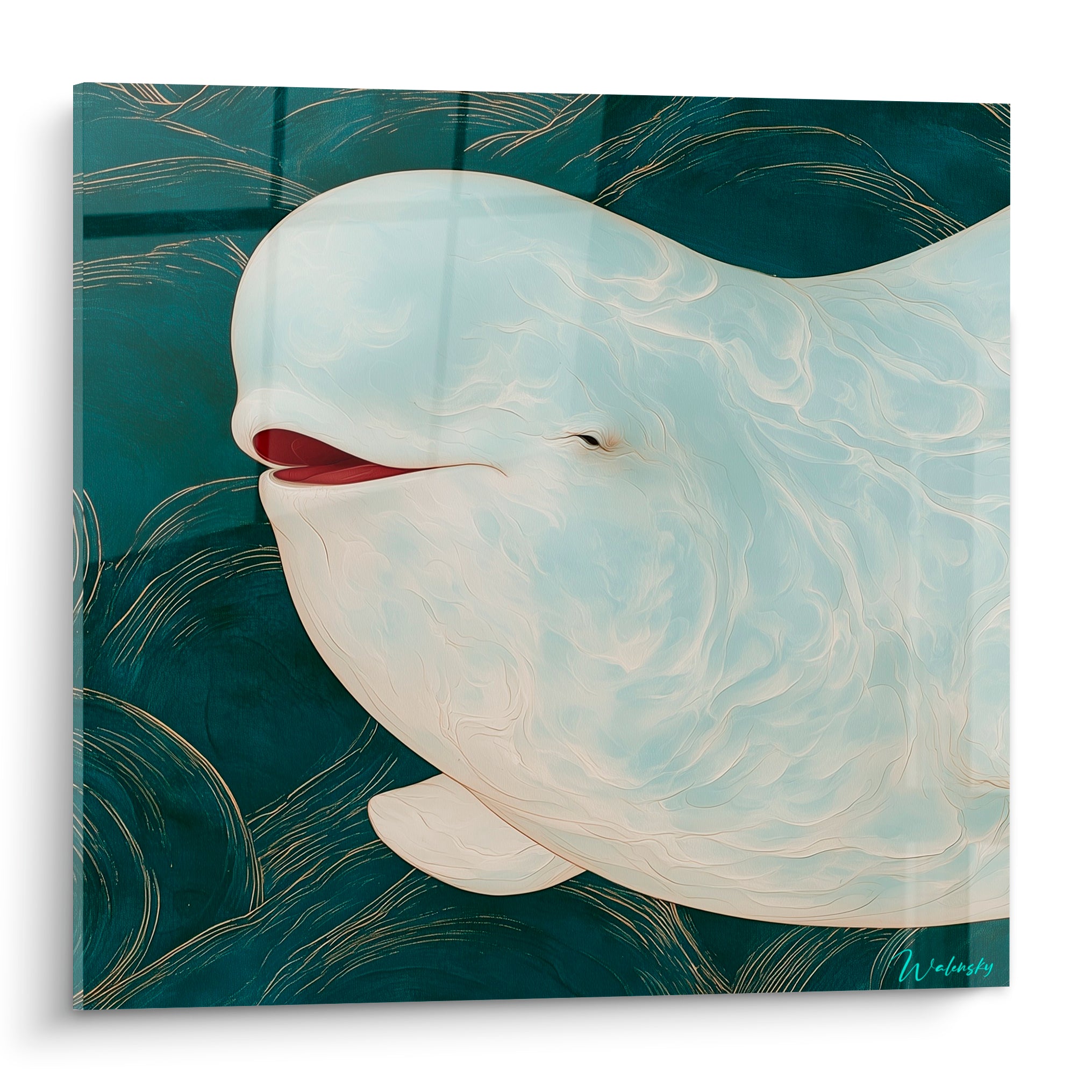 Beluga ivoire au sourire discret, peau texturée sur fond bleu sarcelle et lignes dorées