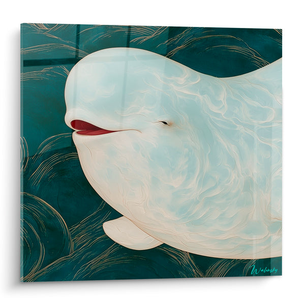 Cuadro Beluga Blanco Marfil Fondo Azul Cerceta Ondulado - Sonrisa de las Profundidades - Edición Beluga