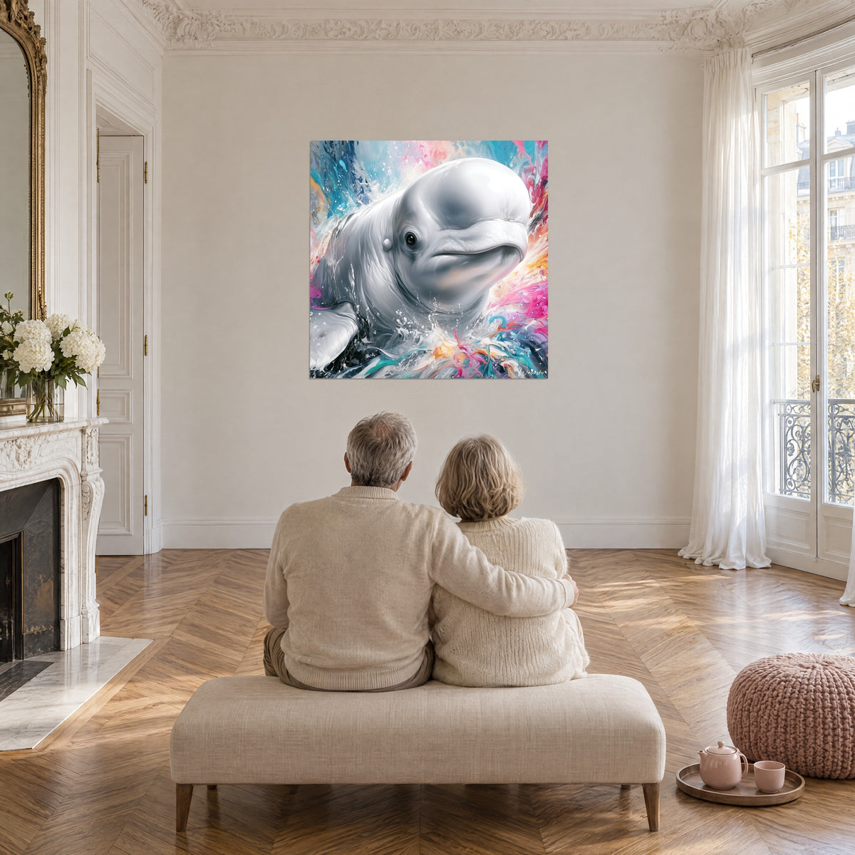Quadro beluga sorridente in pittura fluida bianca, volute rosa, turchesi e gialle, soggiorno con parquet a spina di pesce, coppia seduta