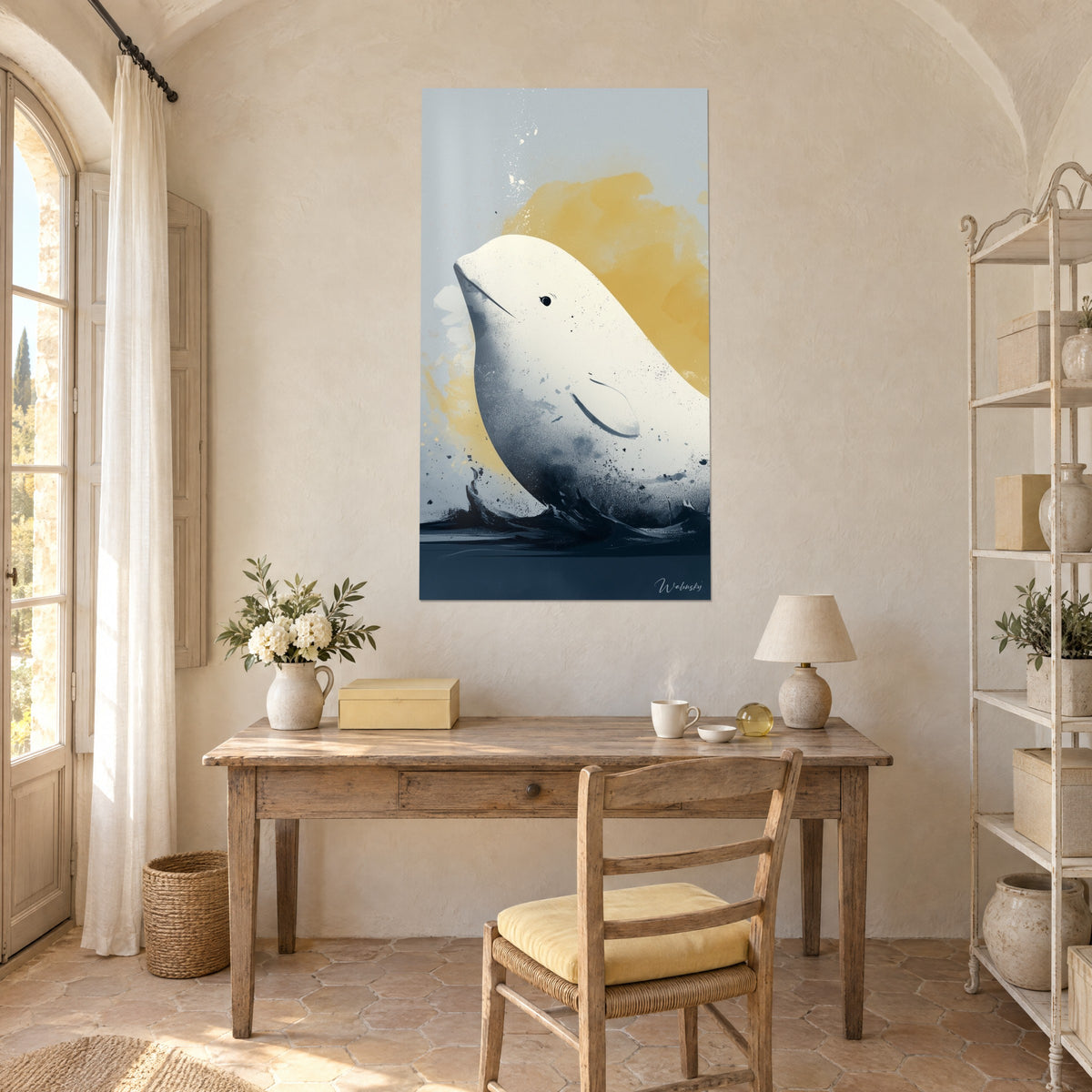 Tableau gros béluga blanc cassé aux flancs poudrés de gris, nuage ocre en arrière-plan, accroché sur un bureau en bois clair