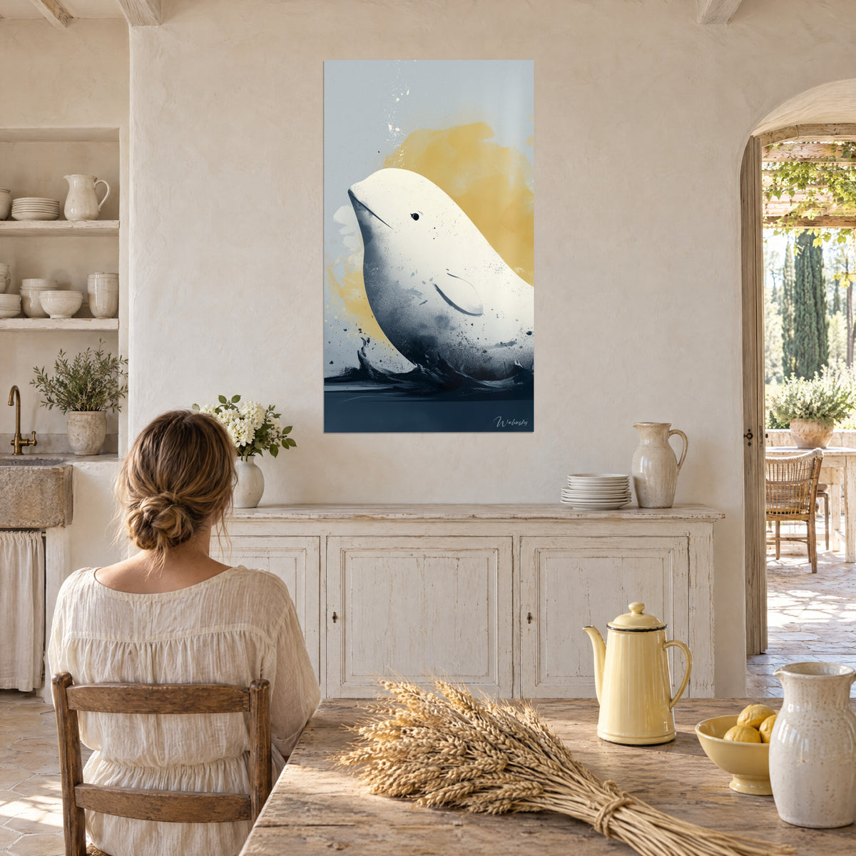 Tableau béluga aux nageoires esquissées d'un trait sombre, halo jaune et ciel gris bleuté, dans une cuisine de mas aux murs beiges