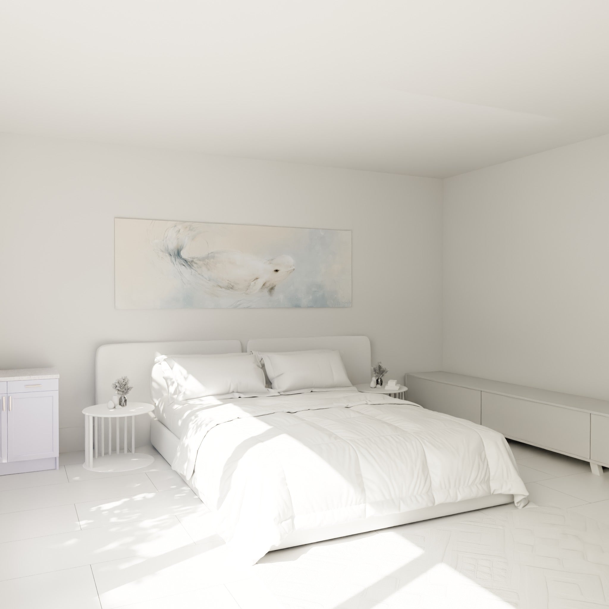 Nage silencieuse du béluga blanc et bleu pastel, accrochée au-dessus d'un lit dans une chambre claire