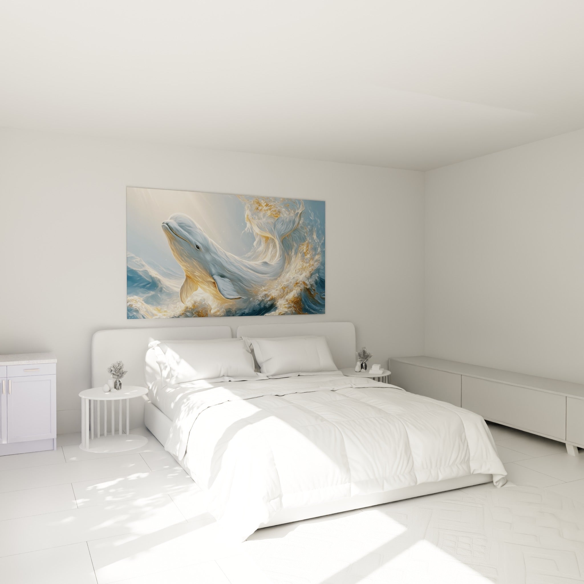 Créature marine dorée et bleu poudré émergeant des flots, au-dessus d'un lit dans une chambre claire