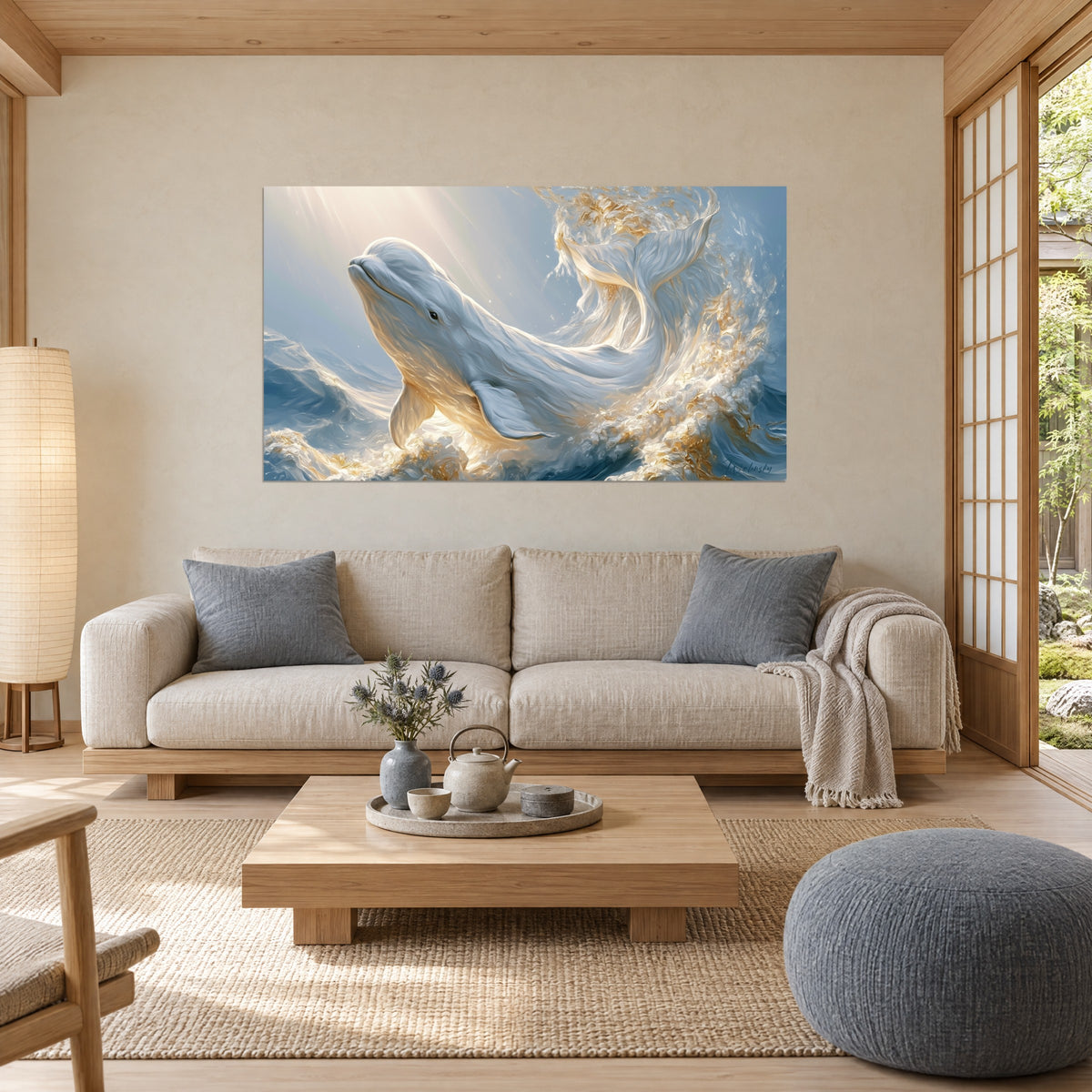 Tableau baleine blanche jaillissant d'une vague bleue et or, rayons dorés, au-dessus d'un canapé dans un salon lumineux
