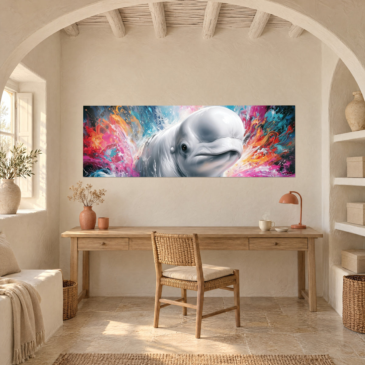 Tableau béluga souriant dans un tourbillon de peinture rose, orange et turquoise, au-dessus d'un bureau en bois clair et d'une lampe corail
