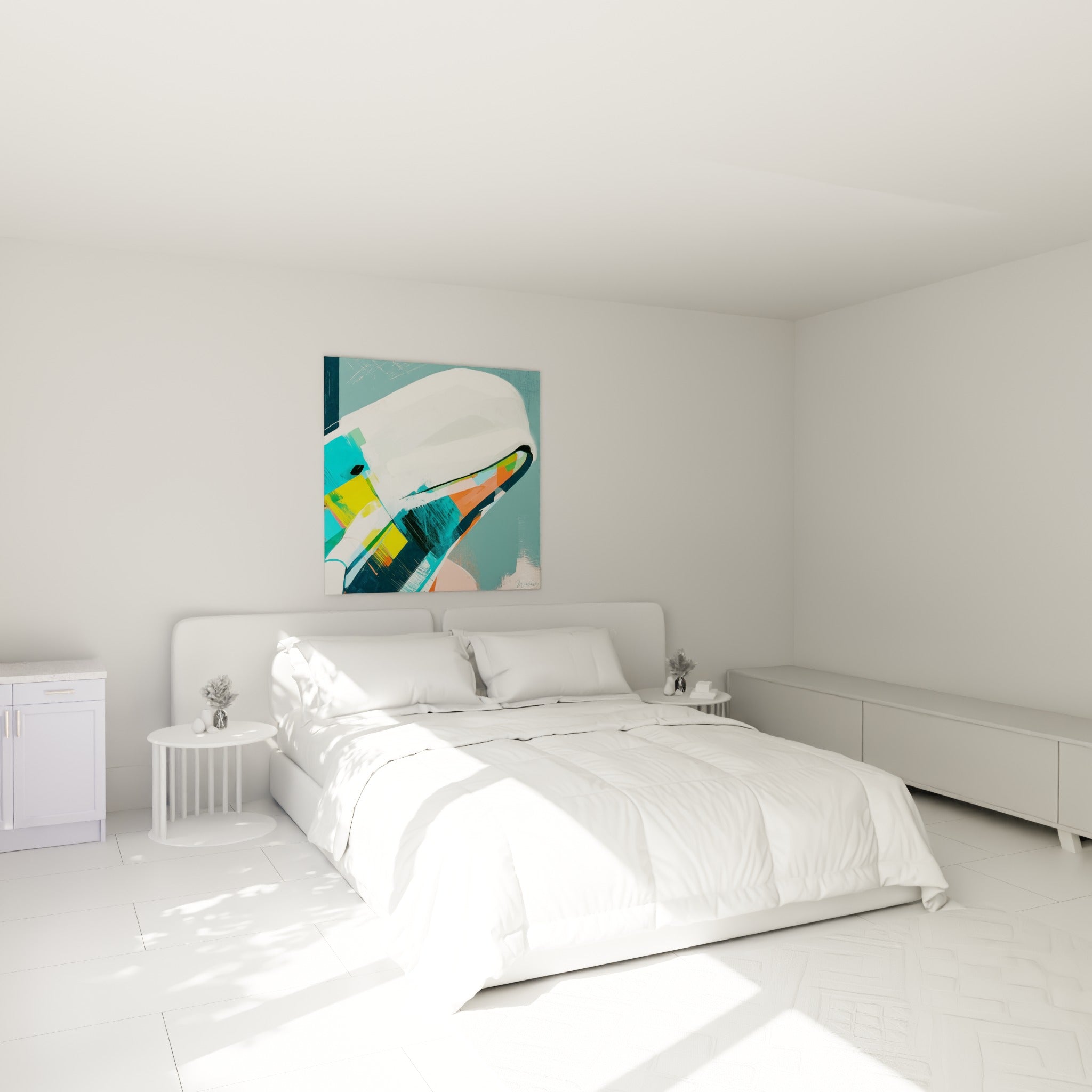 Mammifère marin blanc et corail peint en aplats vifs, au-dessus d'un lit dans une chambre claire