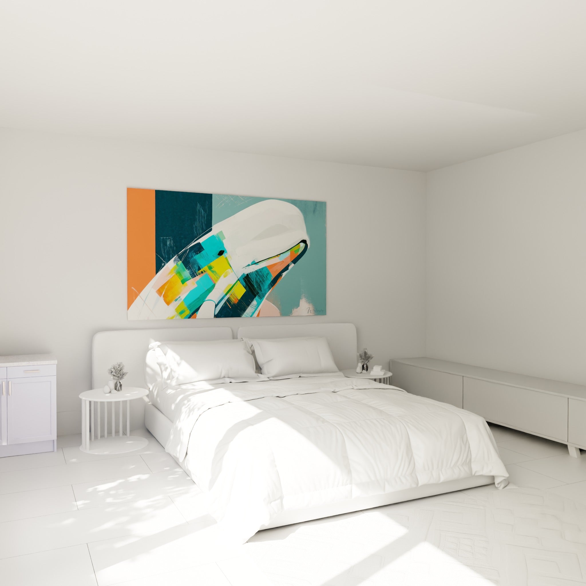 Silhouette de beluga corail et bleu canard, touches jaune vif, accrochée au-dessus d'un lit dans une chambre claire