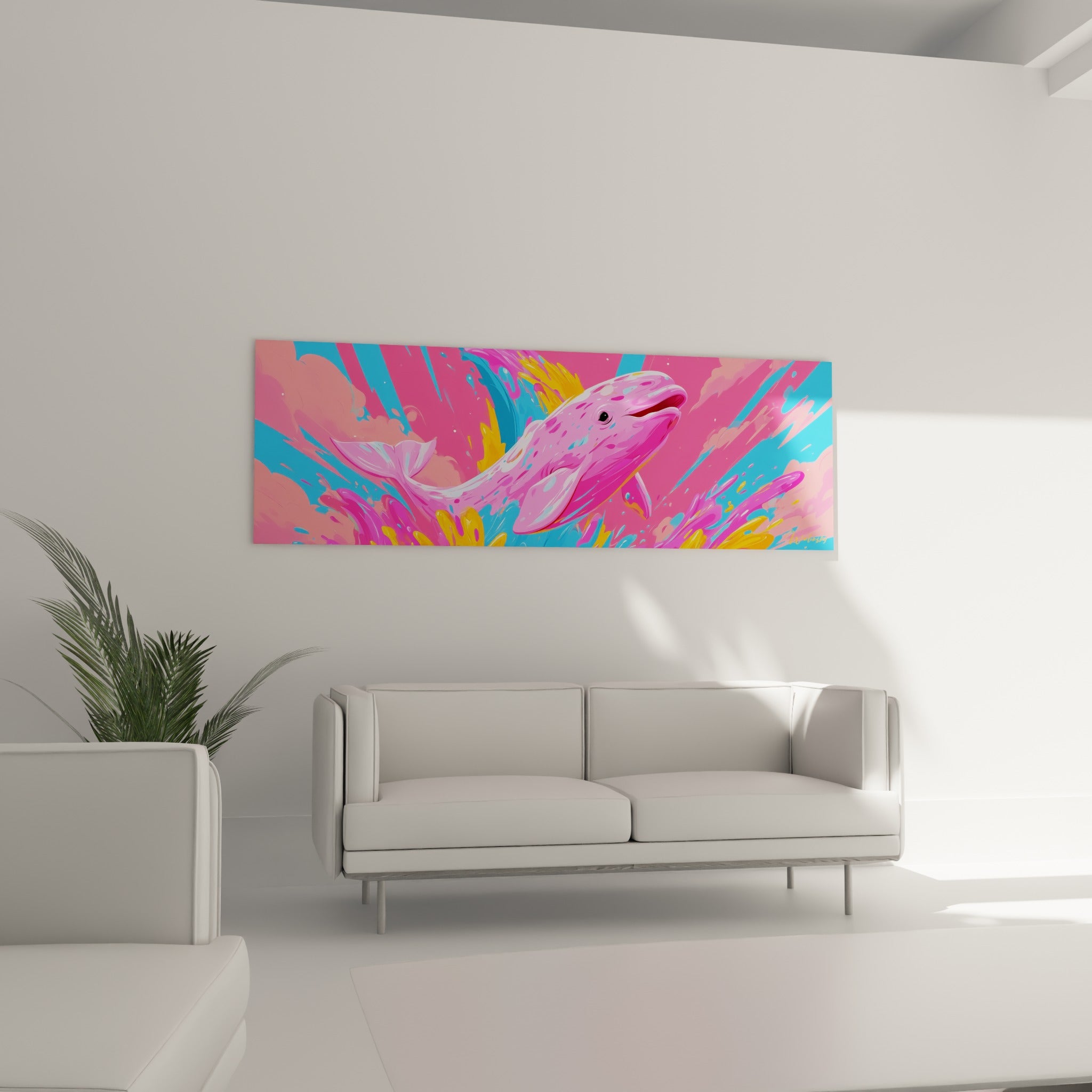 Silhouette de beluga fuchsia jaillissant d'éclats bleus, placée au-dessus d'un canapé dans un salon lumineux
