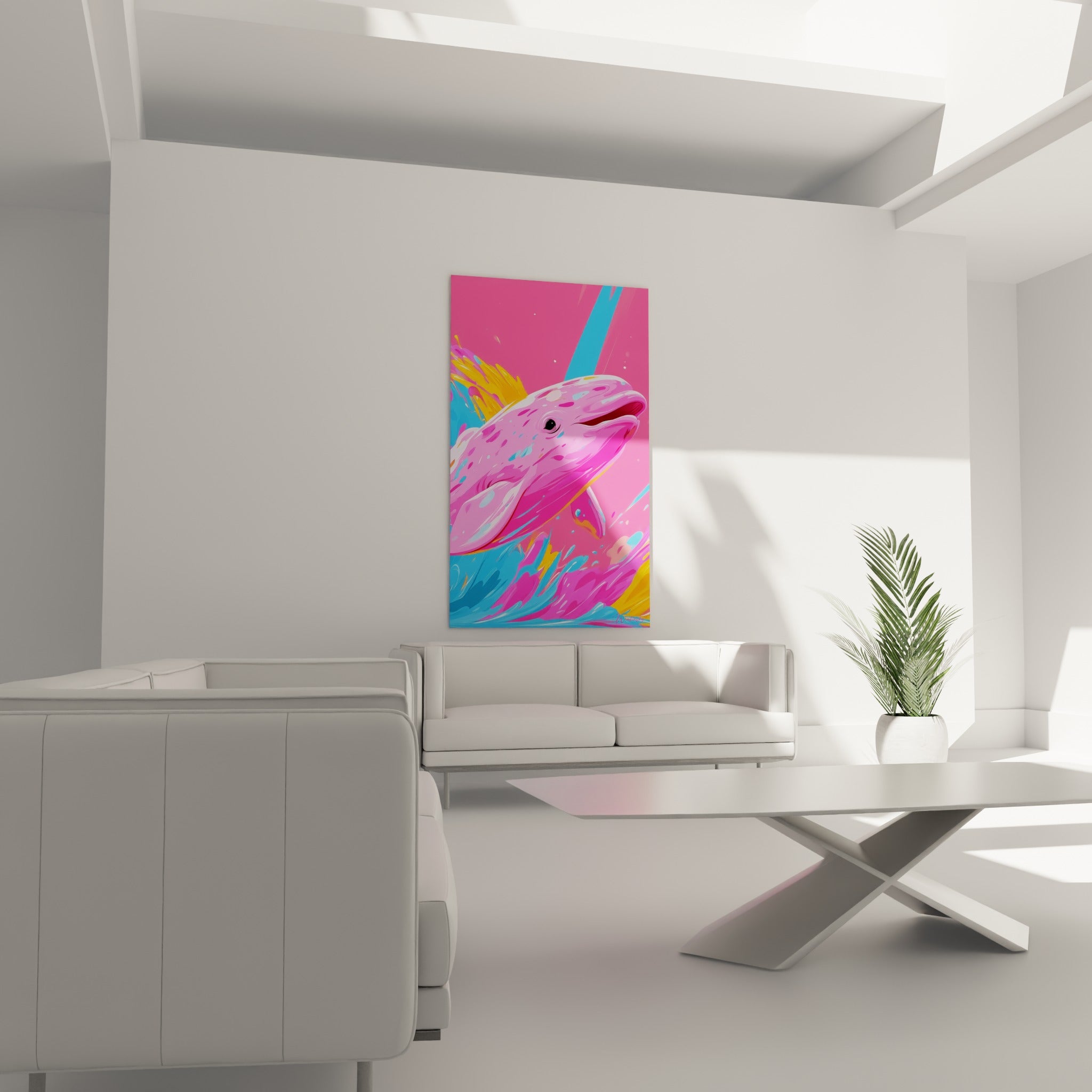 Tête de beluga rose vif entourée d'éclaboussures jaunes, au-dessus d'un canapé dans un salon lumineux