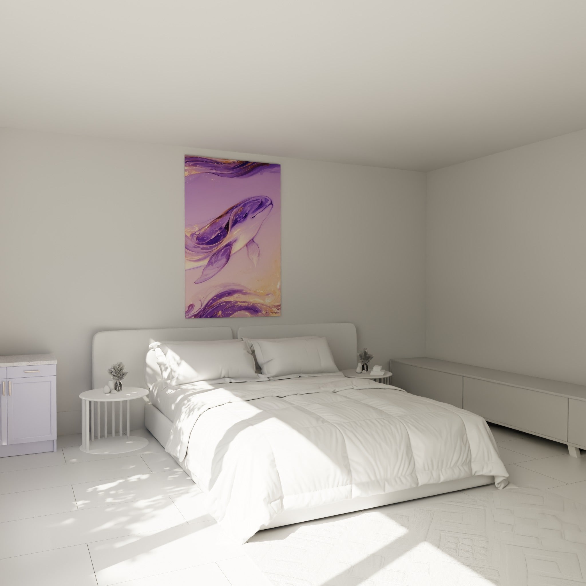 Cétacé mauve aux nervures dorées suspendu au-dessus d'un lit dans une chambre claire