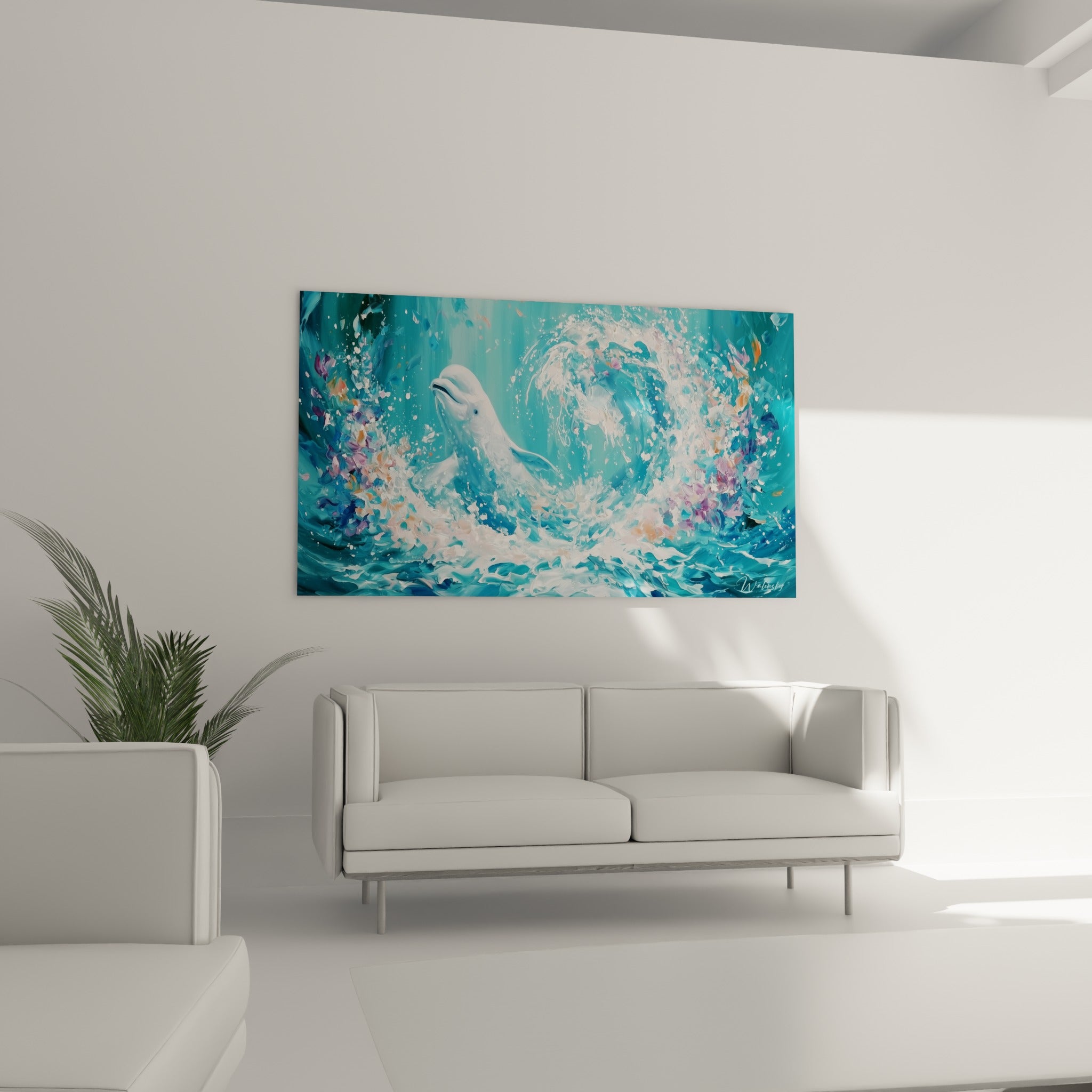 Beluga entouré d'écume bleu pastel et rose pêche, au-dessus d'un canapé dans un salon lumineux