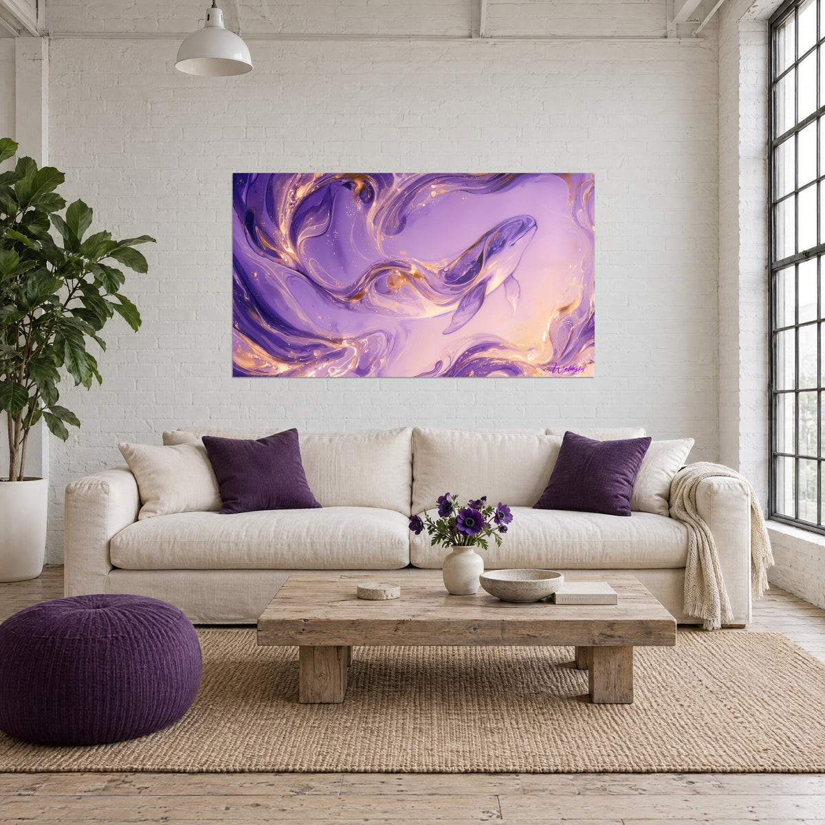 Tableau cétacé blanc nageant dans des volutes lilas et or, accroché au-dessus d'un canapé dans un salon lumineux