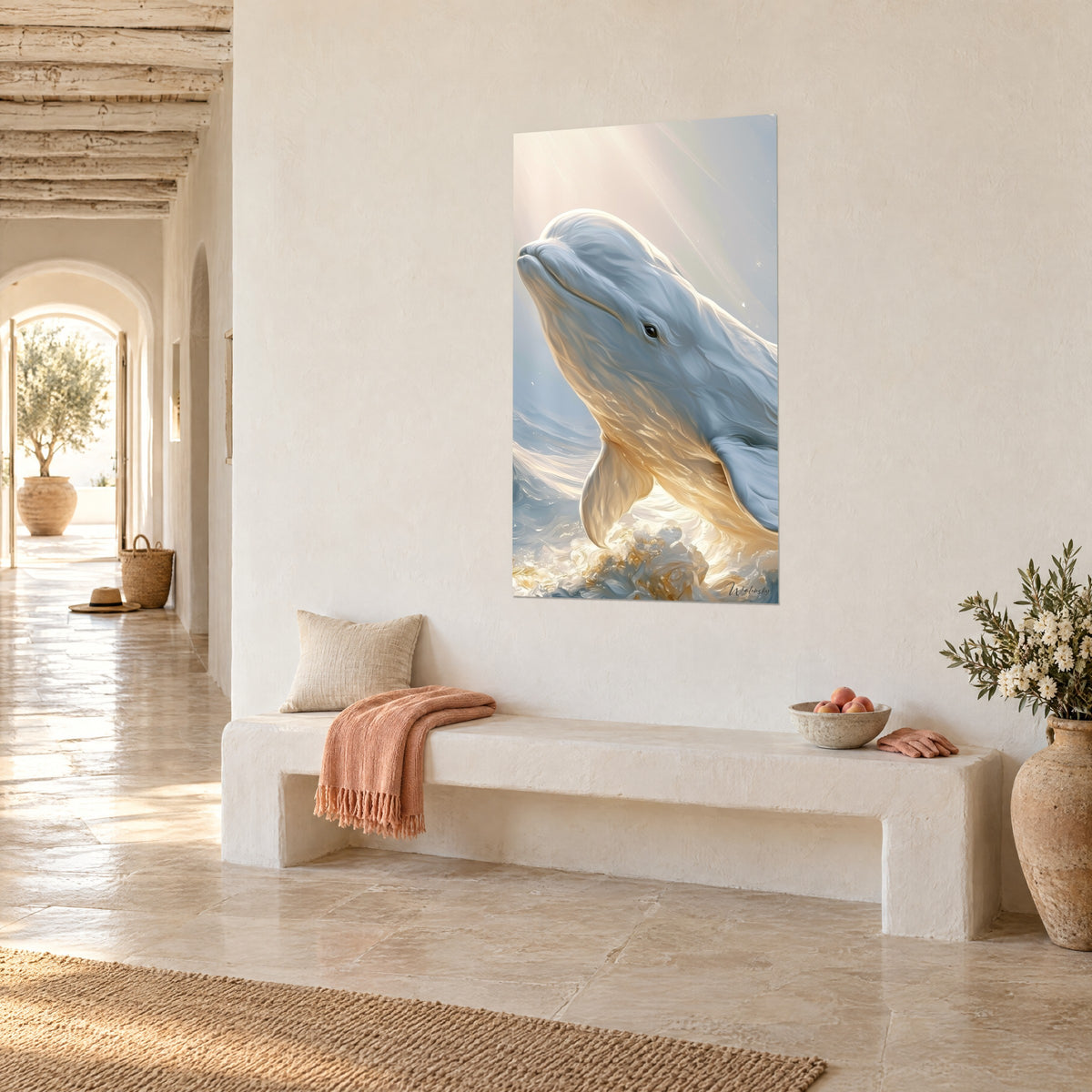 Quadro cetaceo color avorio dalla fronte arrotondata, riflessi oro e azzurro pallido, visto di tre quarti sopra una panca di pietra bianca