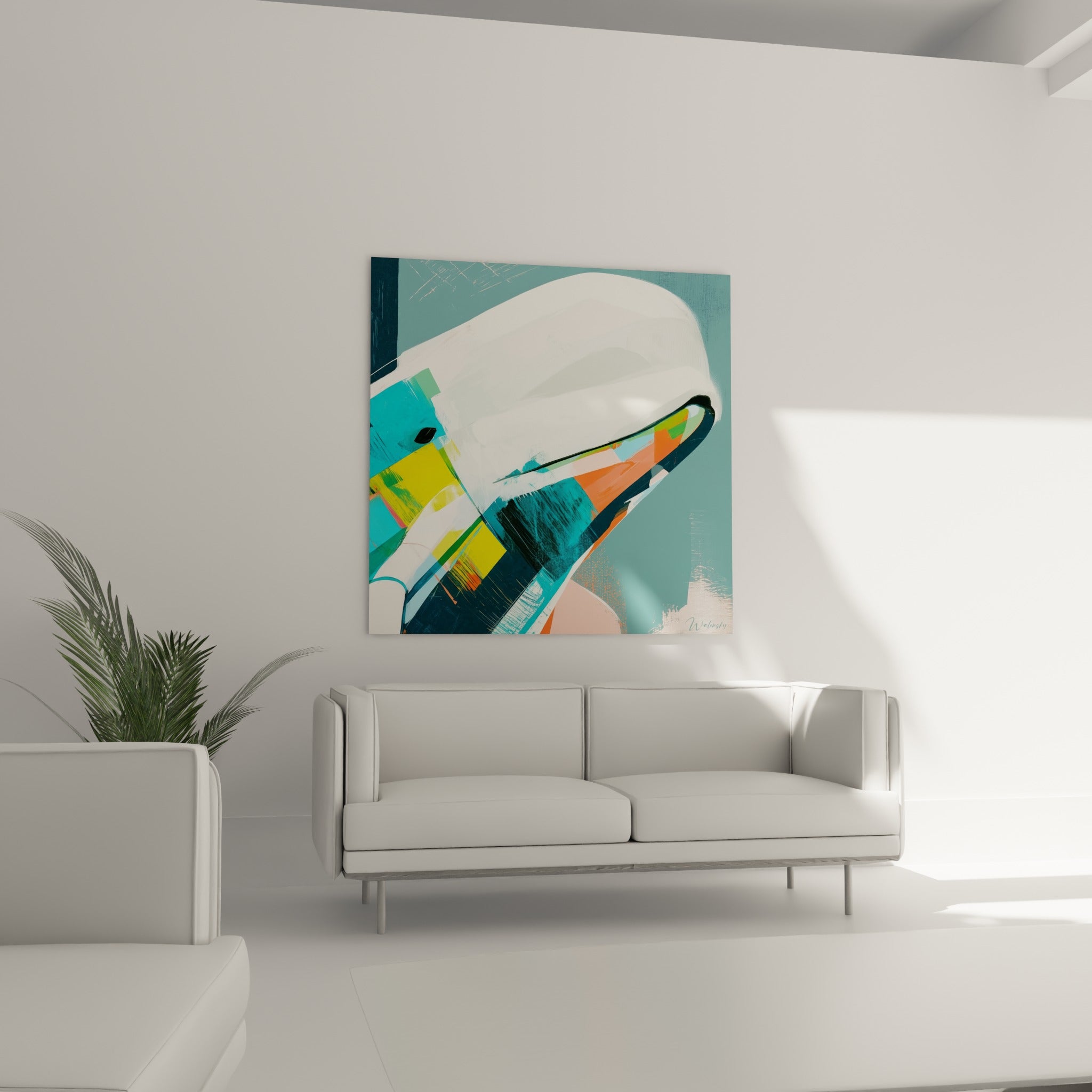 Créature marine abstraite mêlant turquoise, orangé et blanc texturé, au-dessus d'un canapé dans un salon lumineux