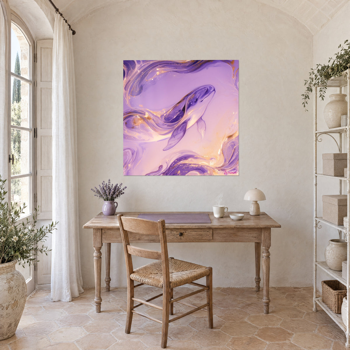 Tableau cétacé lavande aux reflets dorés sur fond rose pâle, accroché au-dessus d'un bureau en bois, mas provençal