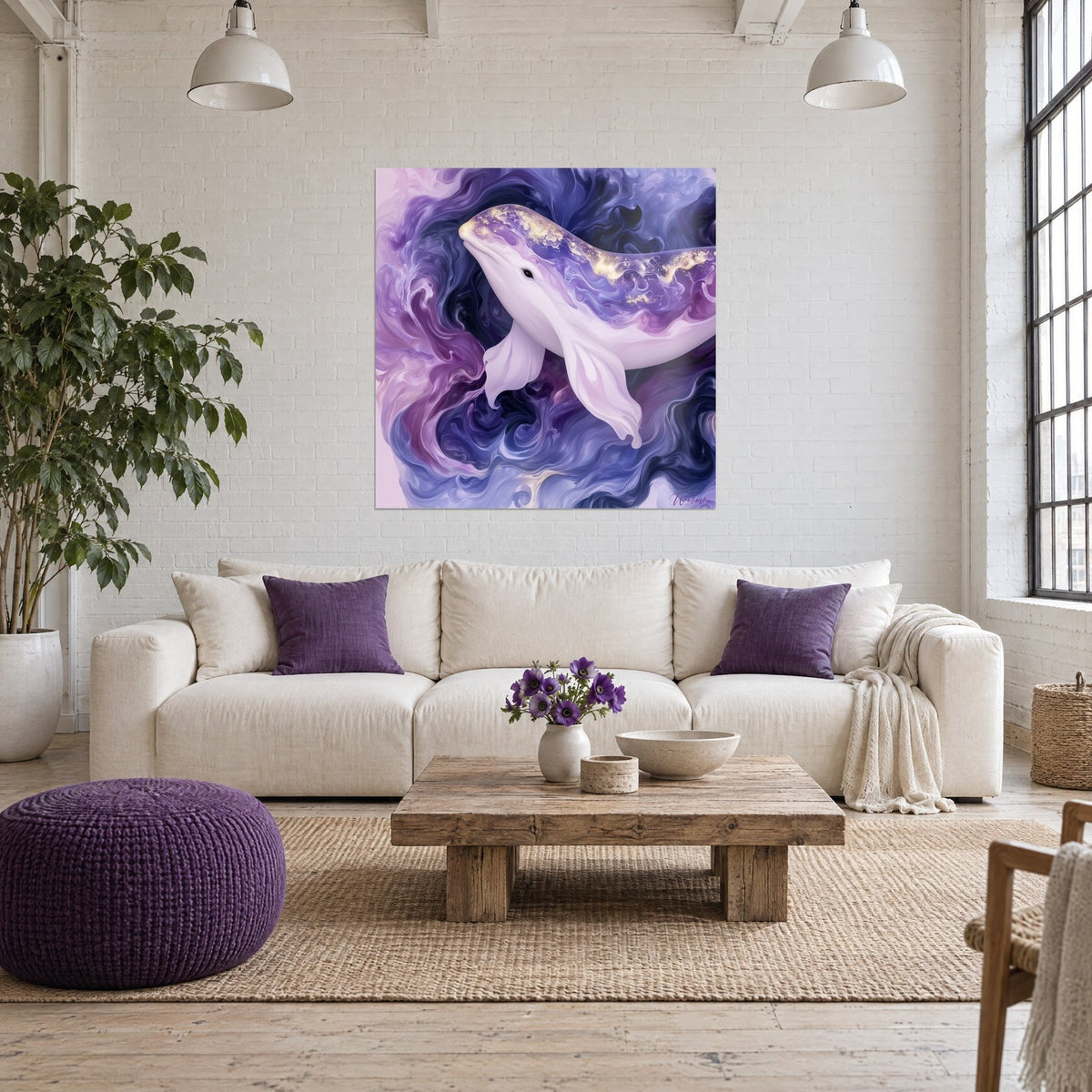 Schilderij parelmoerwitte beluga met goudkleurige glitter, over violette en indigo wervelingen, boven een bank in een lichte woonkamer