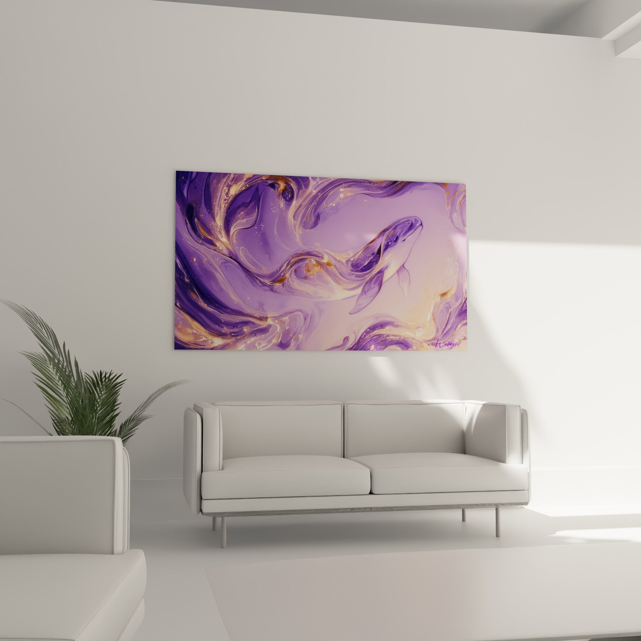Cétacé translucide entouré de courants violets et dorés au-dessus d'un canapé dans un salon lumineux