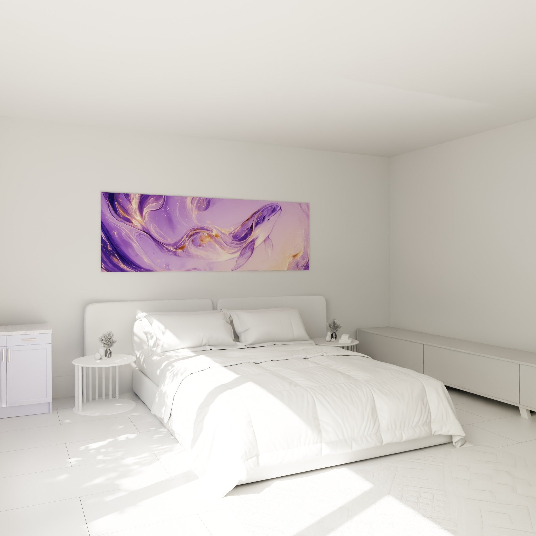 Silhouette de beluga mauve et or aux courbes fluides, accrochée au-dessus d'un lit dans une chambre claire