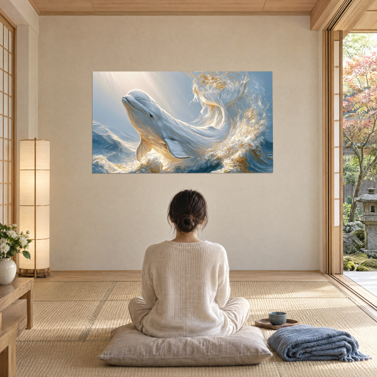 Tableau grand béluga aux nageoires blanches, écume ocre et bleu ciel, femme de dos assise en méditation sur un coussin gris