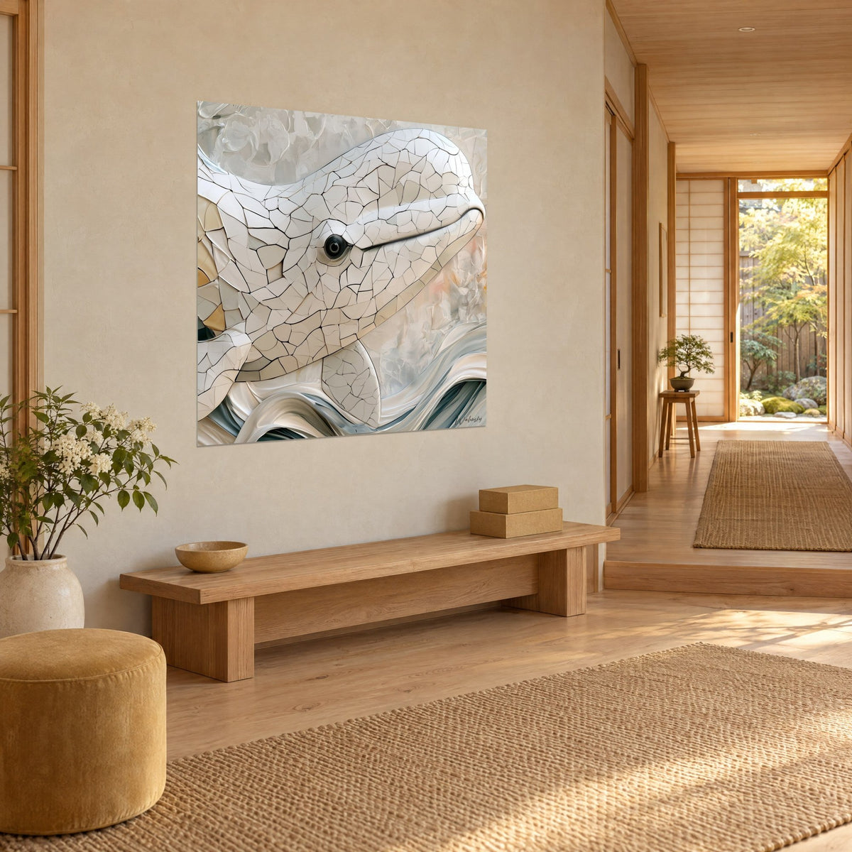Schilderij witte walvisachtige met gebarsten schubben, goudbeige reflecties, staalgrijze golven, driekwartzicht in een japandi-gang