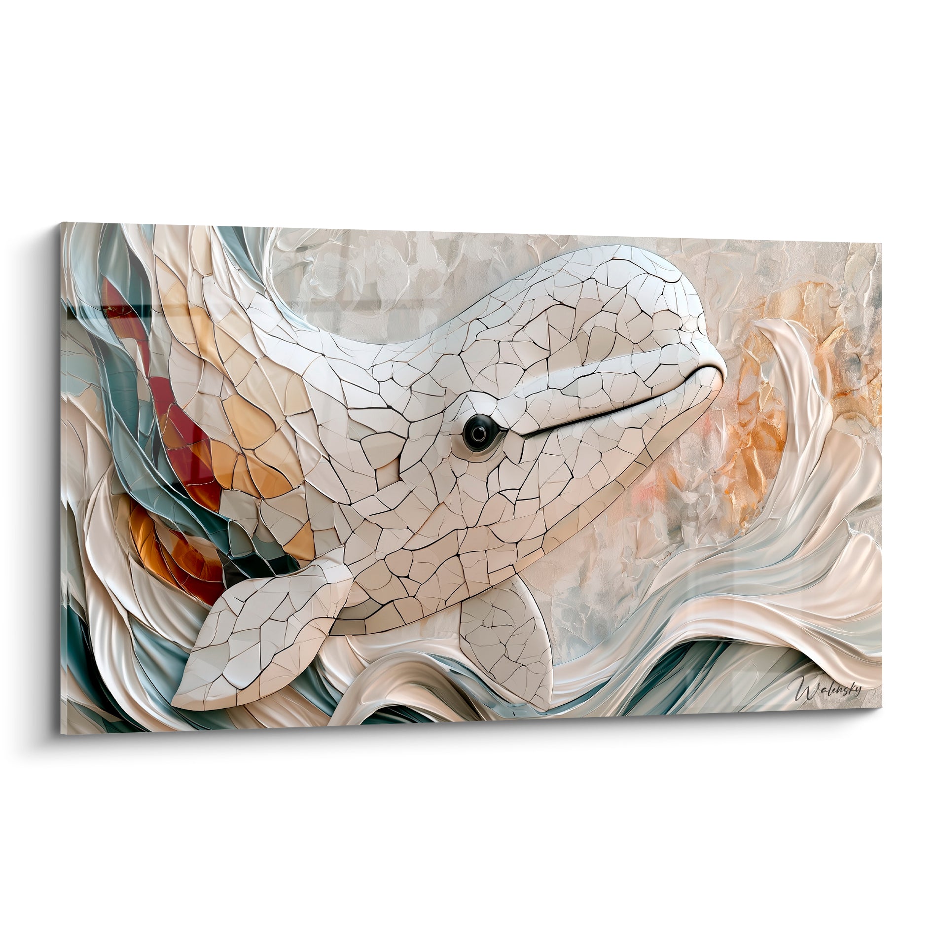 Beluga en mosaïque craquelée ivoire et ocre, œil anthracite perçant, vagues bleu-gris ondulantes