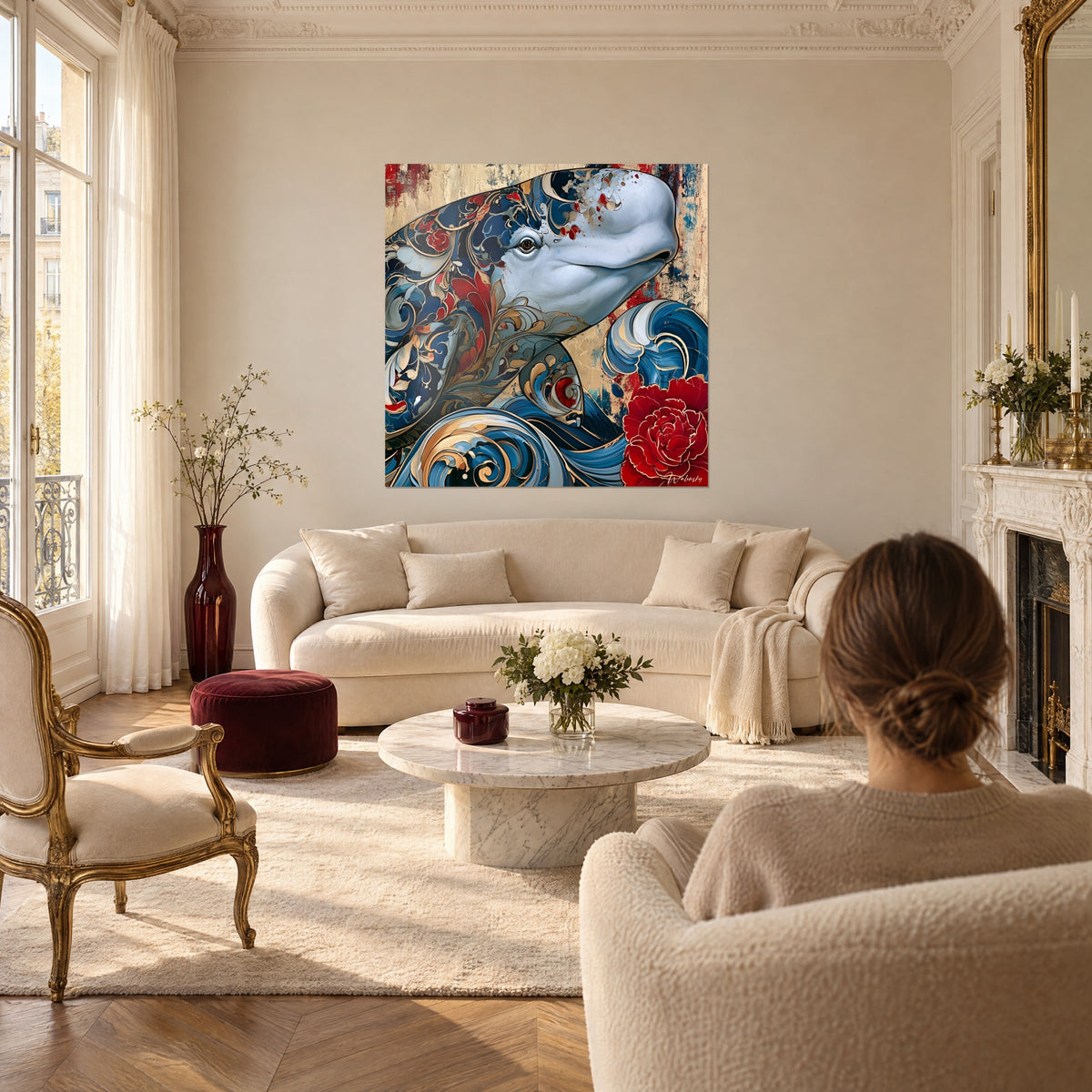Quadro balena bianca dall'occhio bruno, ornamenti blu navy e rossi, peonia porpora, sopra un divano in un soggiorno luminoso