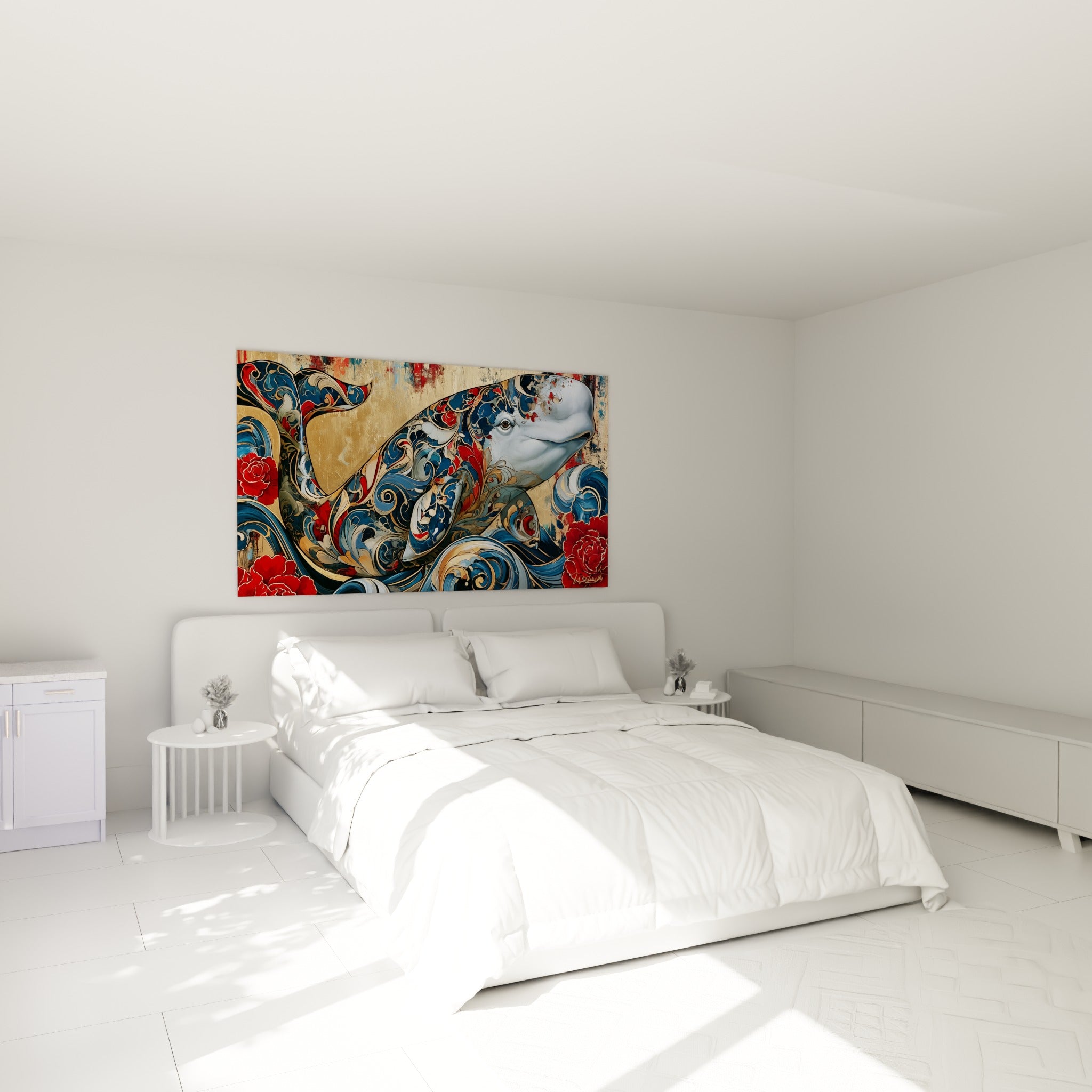 Baleine blanche ornée de motifs bleu marine et rouges au-dessus d'un lit dans une chambre claire