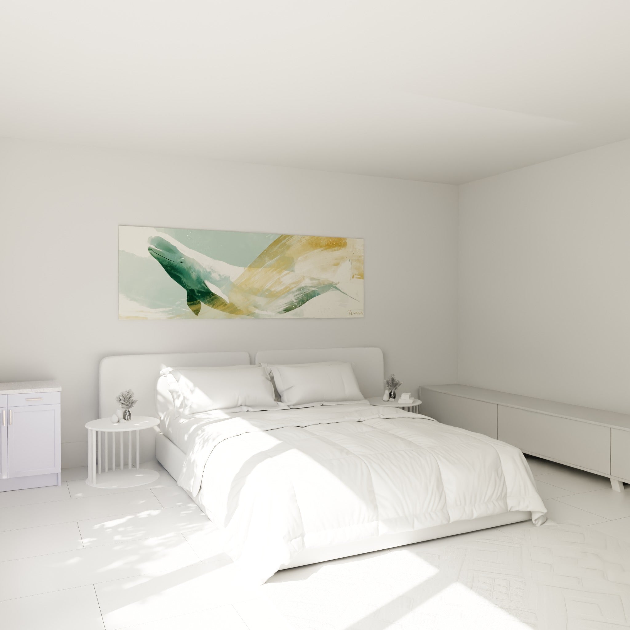 Beluga en mouvement dans des tons sauge et ocre, accroché au-dessus d'un lit dans une chambre claire