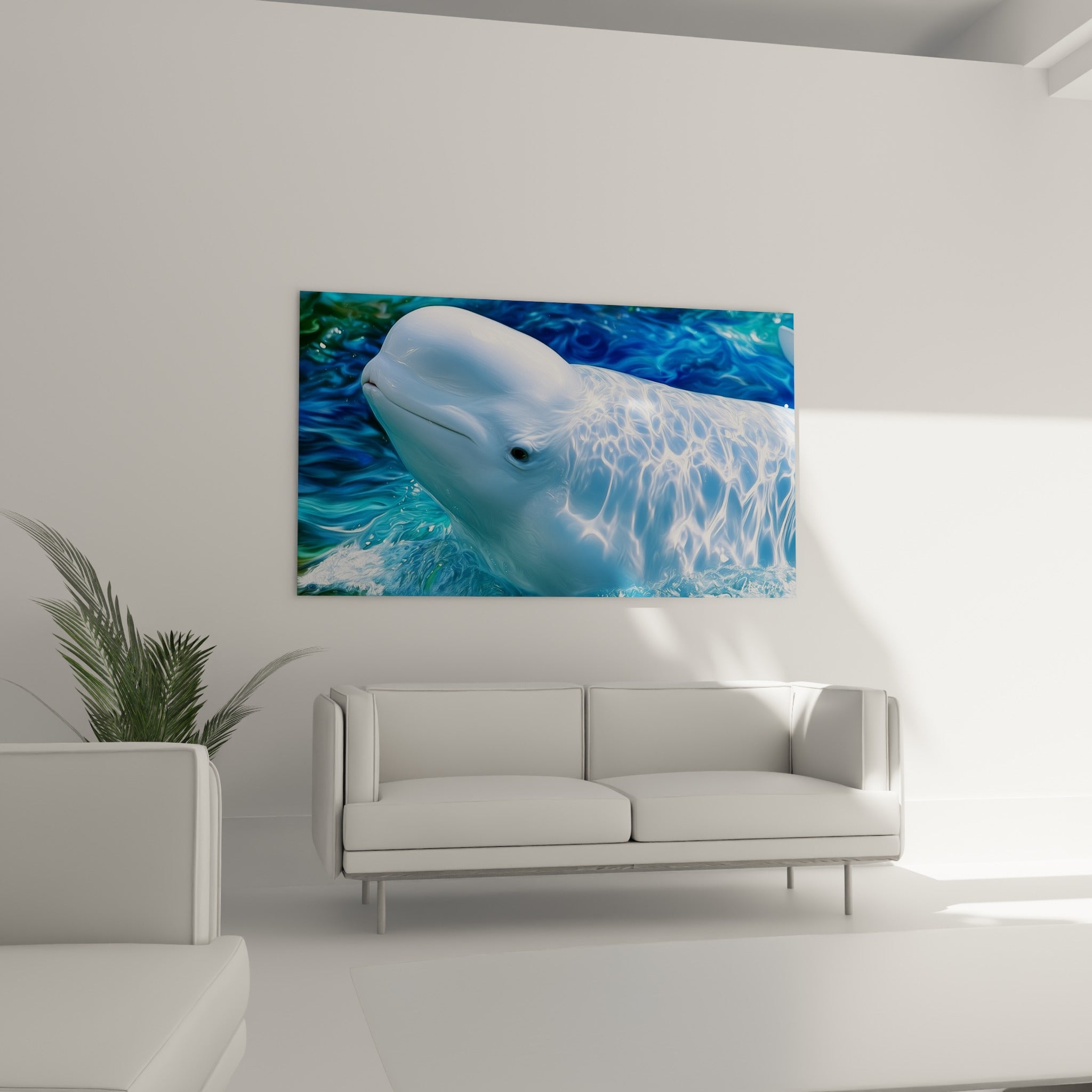 Tête lisse et blanche du beluga sur fond turquoise, suspendue au-dessus d'un canapé dans un salon lumineux