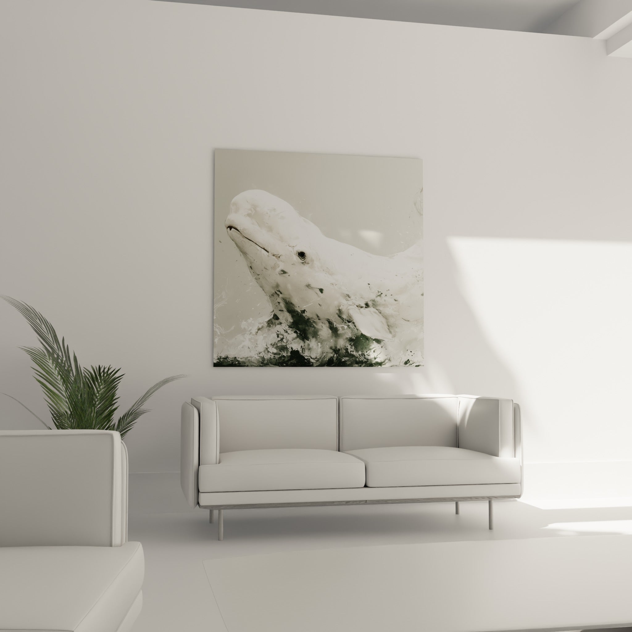 Museau blanc du beluga émergeant des flots verts, suspendu au-dessus d'un canapé dans un salon lumineux