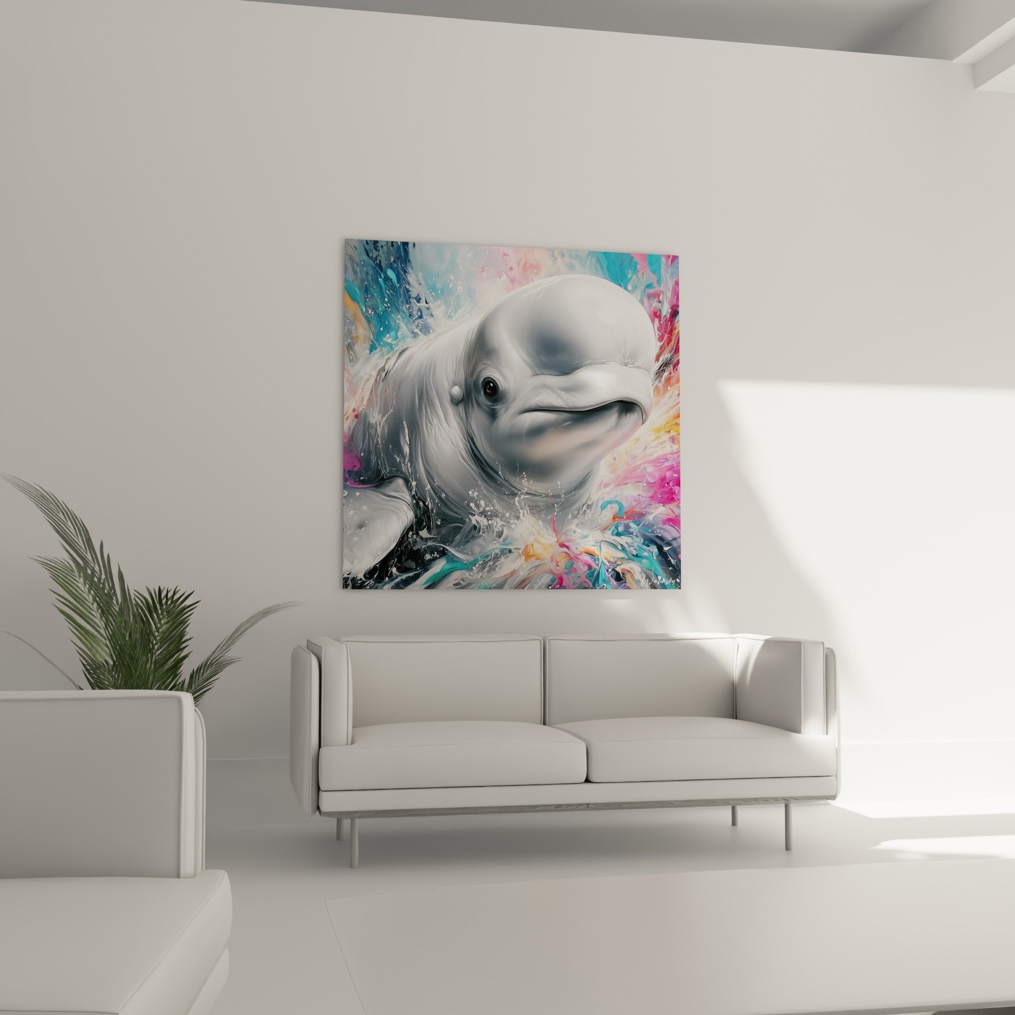 Baleine blanche au museau arrondi jaillissant d'un fond magenta et turquoise, au-dessus d'un canapé dans un salon lumineux