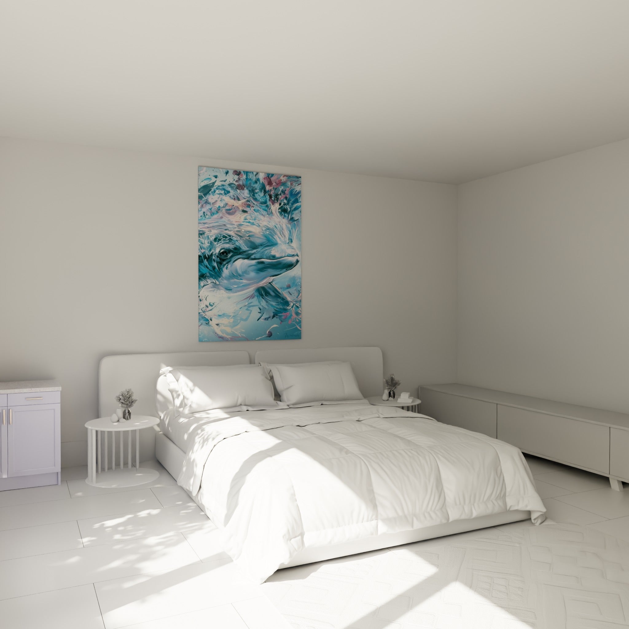 Museau bleu et rose du Beluga peint au-dessus d'un lit dans une chambre claire
