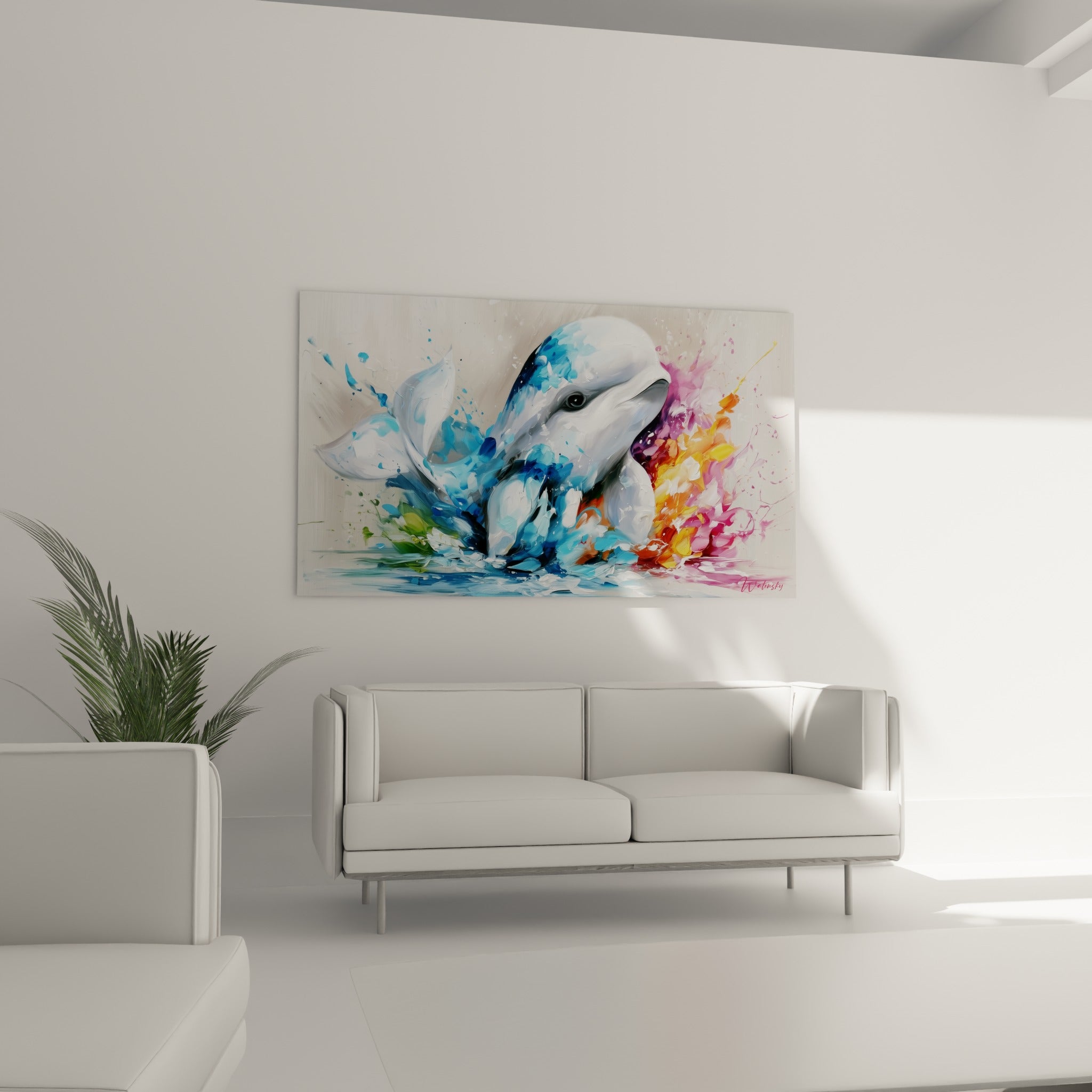 Museau du beluga aux teintes bleu pastel et rose fuchsia au-dessus d'un canapé dans un salon lumineux