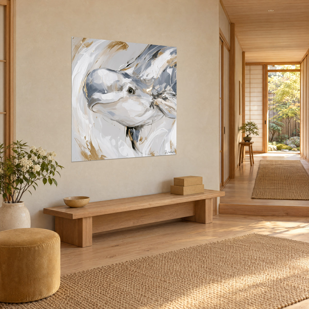 Tableau cétacé blanc au sourire espiègle, touches gris ardoise et or, mur crème, banc en bois clair et couloir japandi