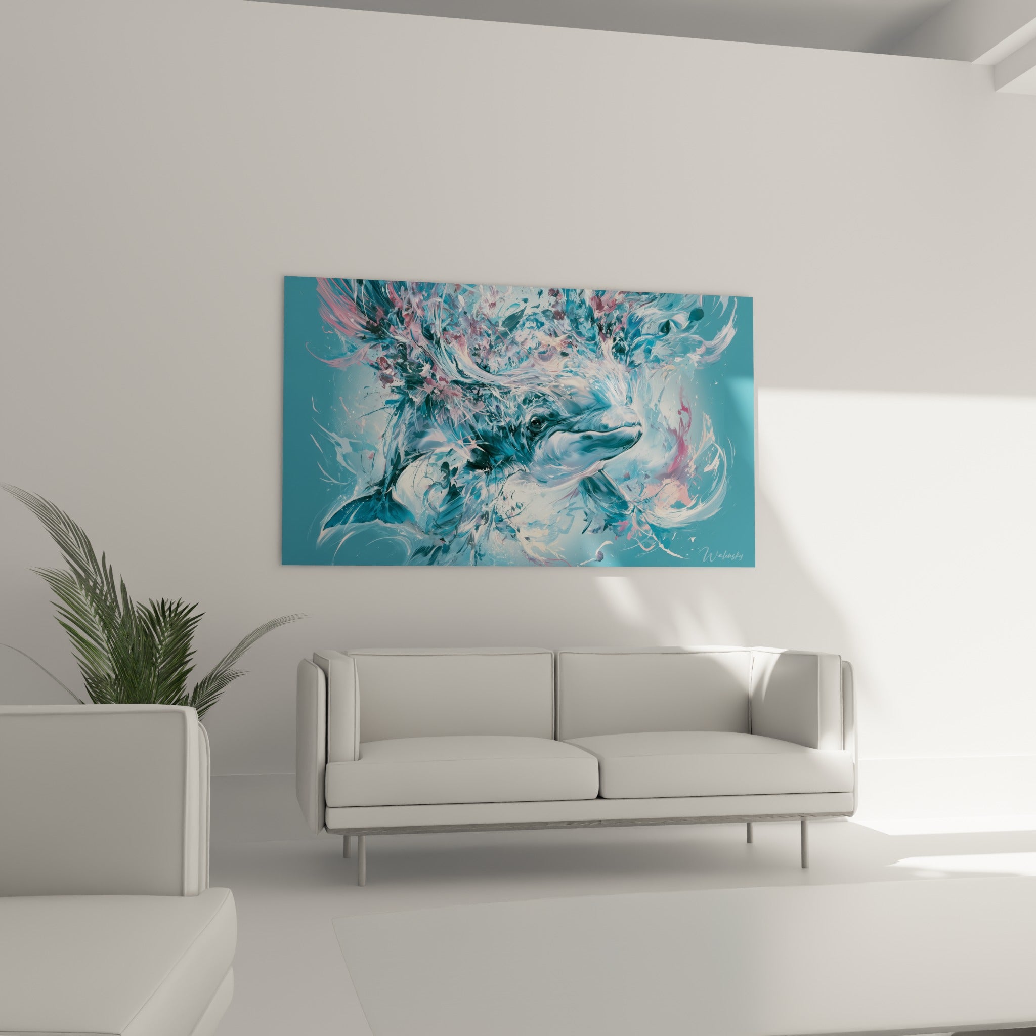 Museau blanc et bleu turquoise du béluga entouré d'écume rosée, au-dessus d'un canapé dans un salon lumineux