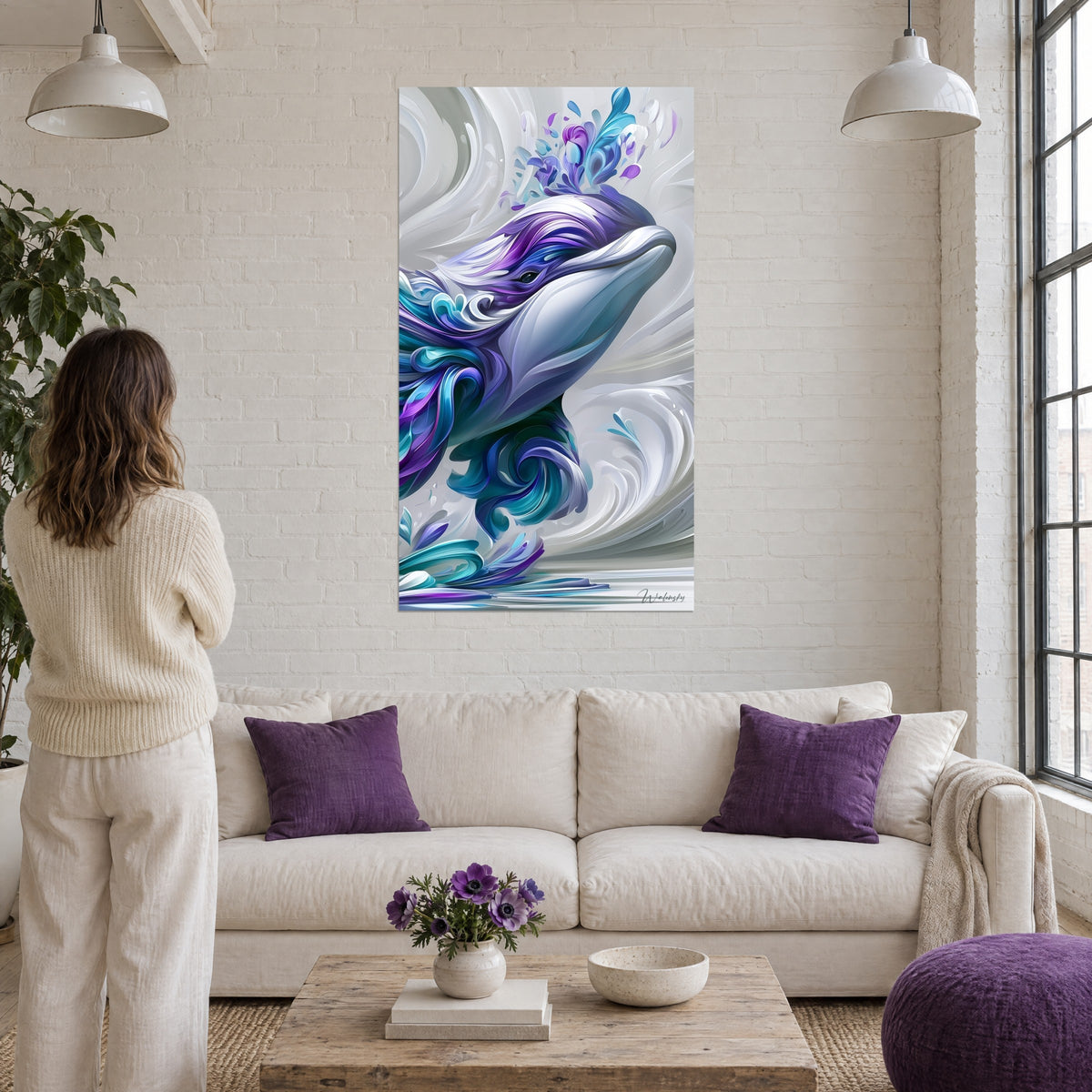 Tableau béluga aux plumes cristallines violettes et turquoise, sourire doux, fond gris perle, au-dessus d'un canapé dans un salon lumineux