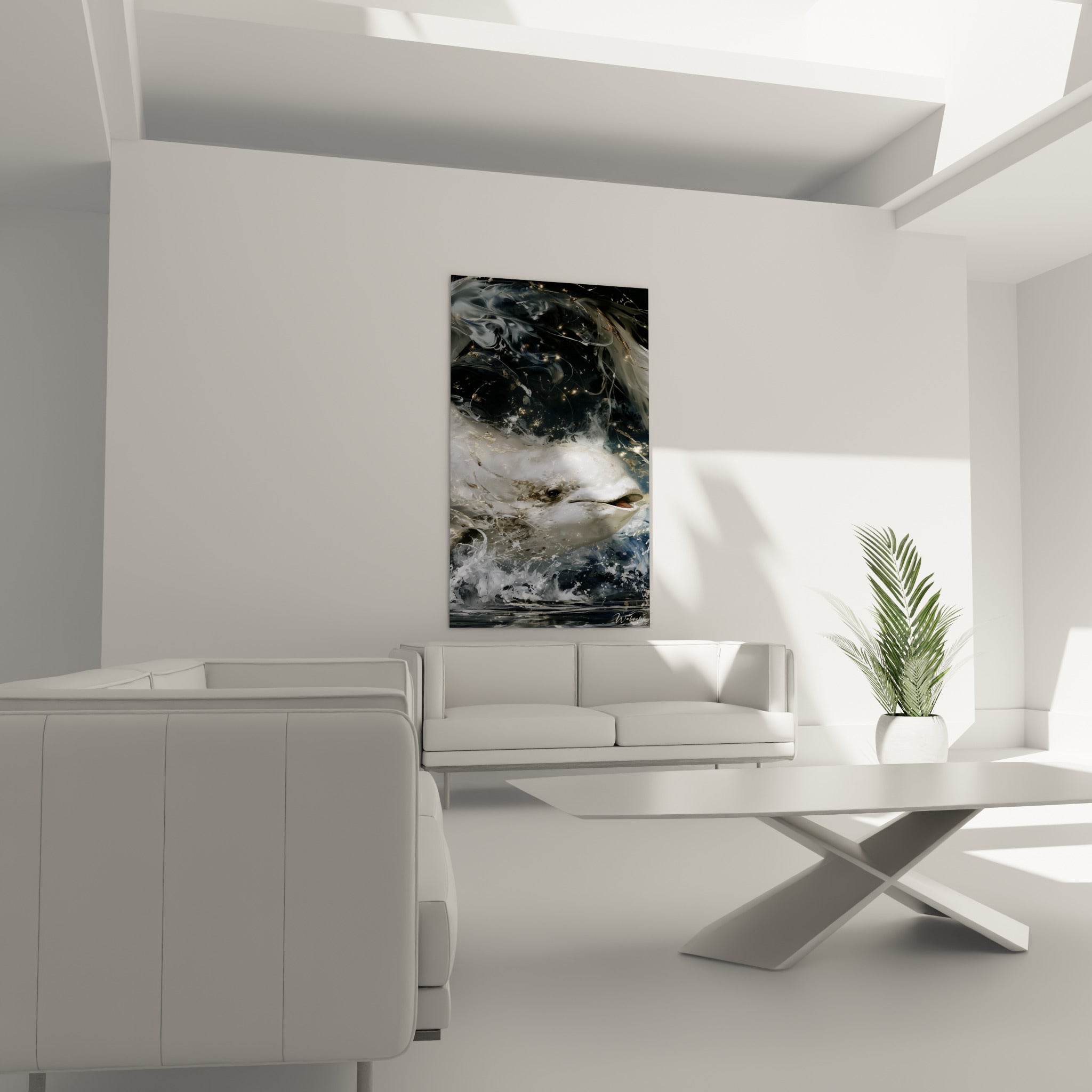 Mammifère marin blanc traversant l'écume dorée et anthracite, au-dessus d'un canapé dans un salon lumineux