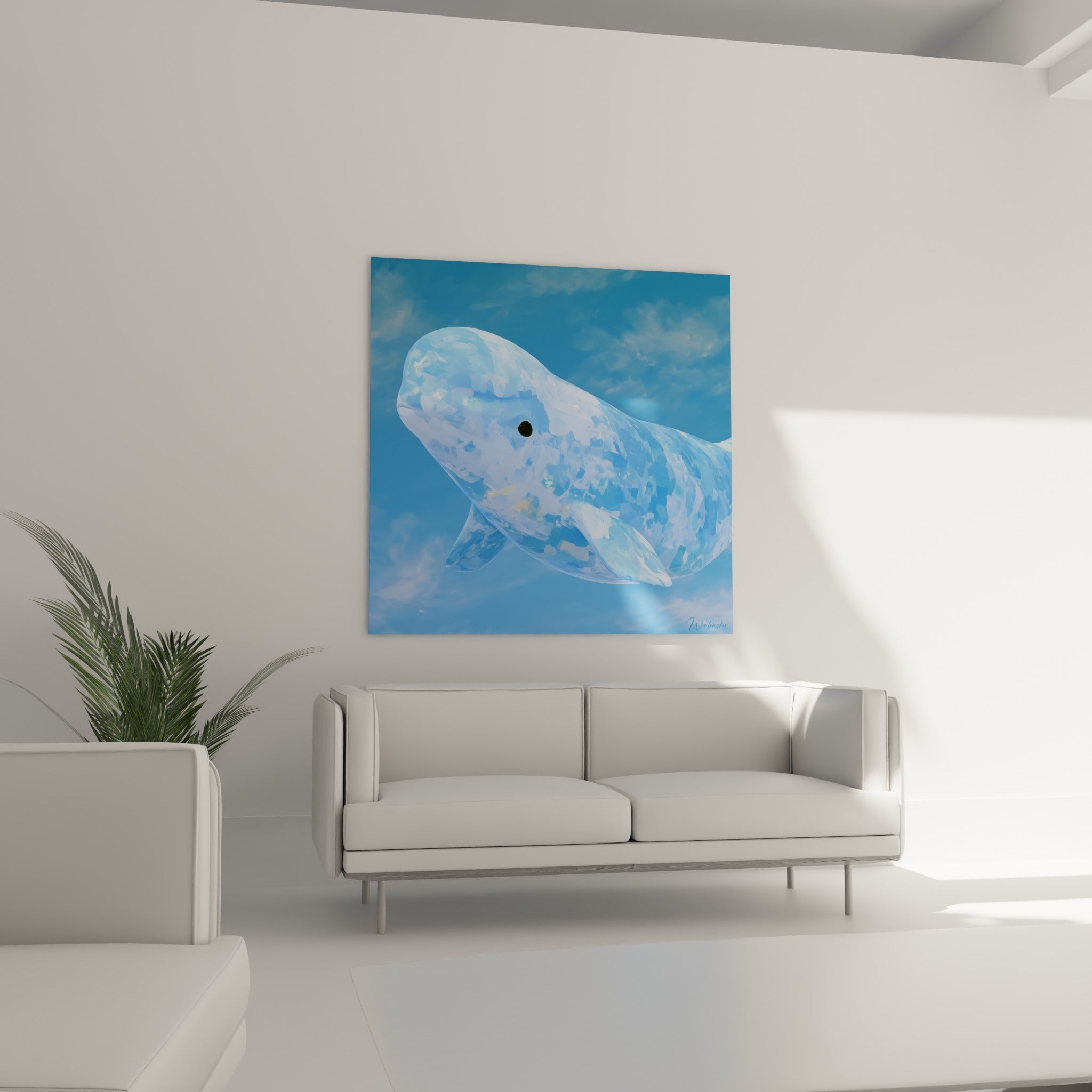 Cétacé blanc et bleu ciel à la texture morcelée accroché au-dessus d'un canapé dans un salon lumineux.