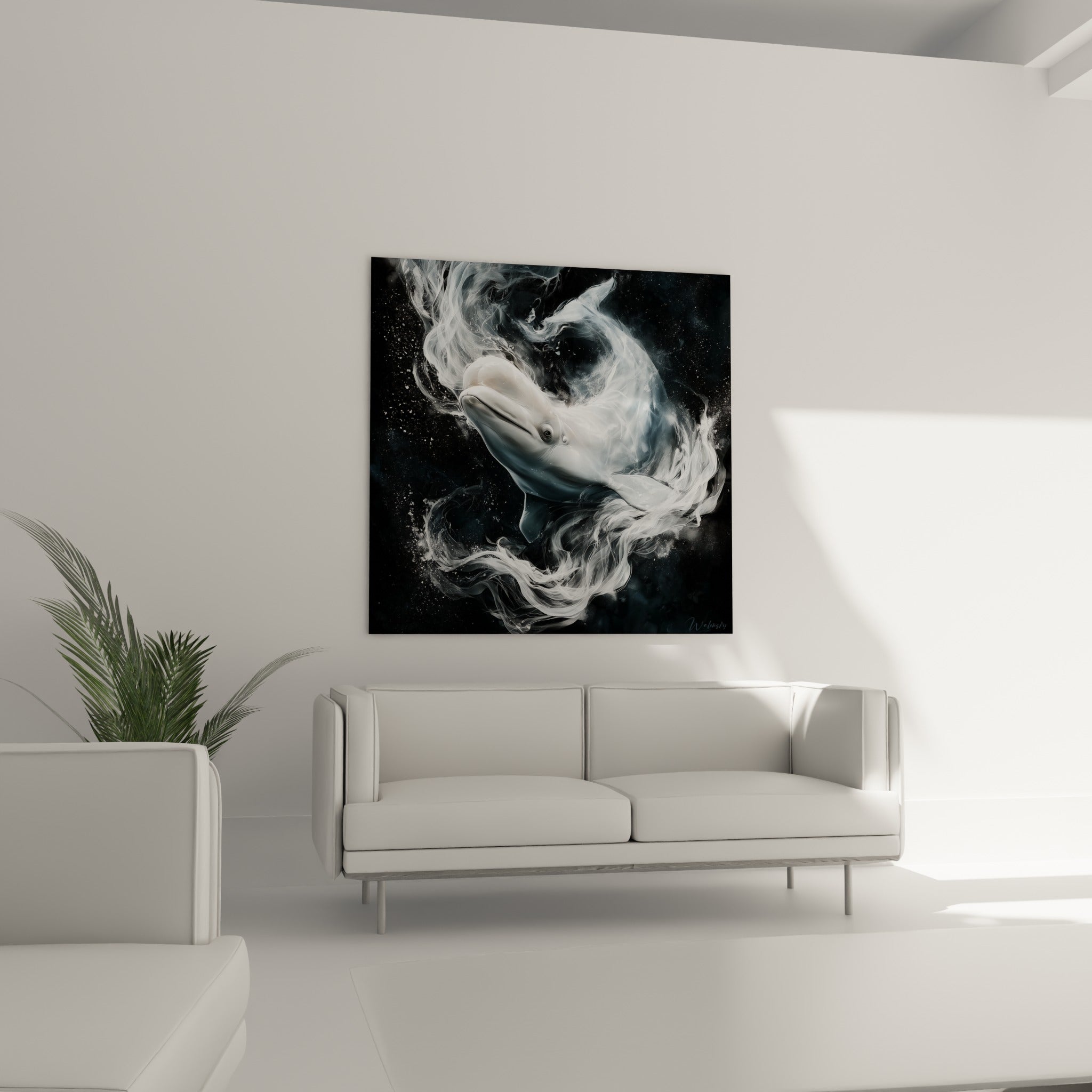 Animal marin immaculé entouré de traînées anthracite, au-dessus d'un canapé dans un salon lumineux